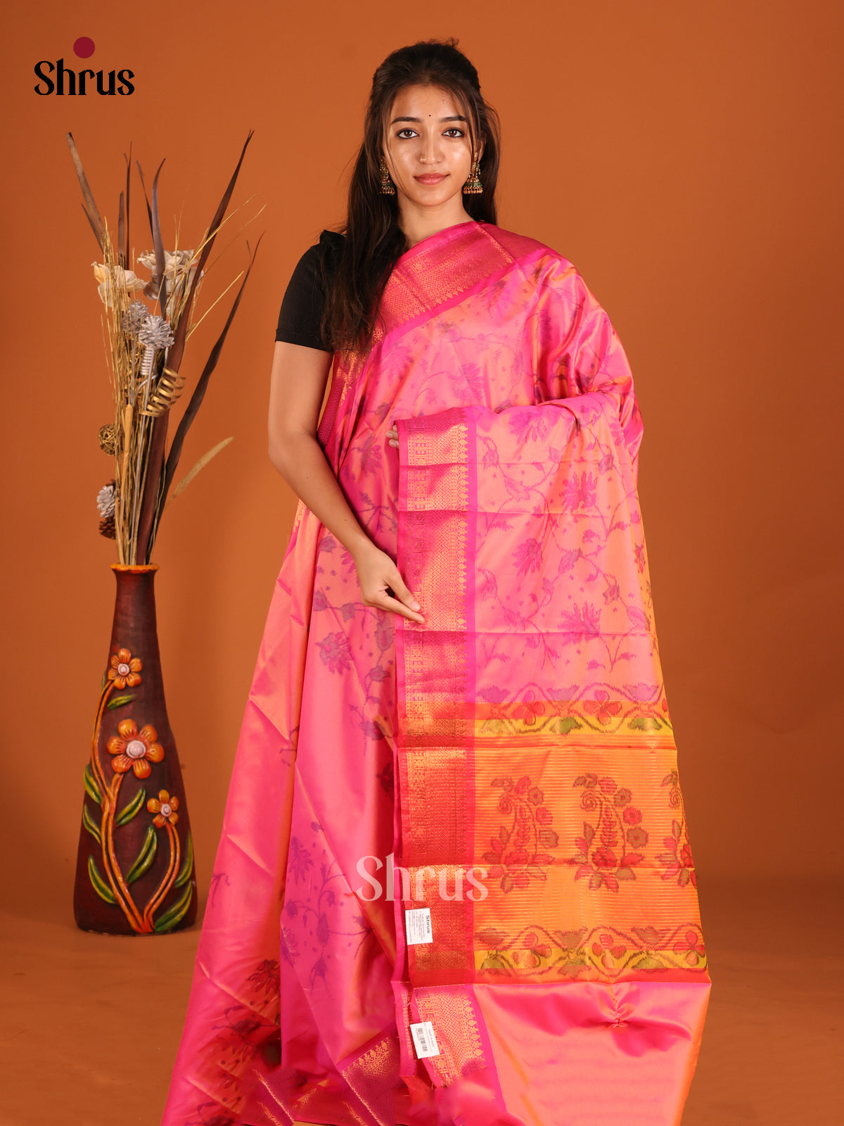 Pink & Orange - Semi Pochampally Saree - Shop on Shrus.com