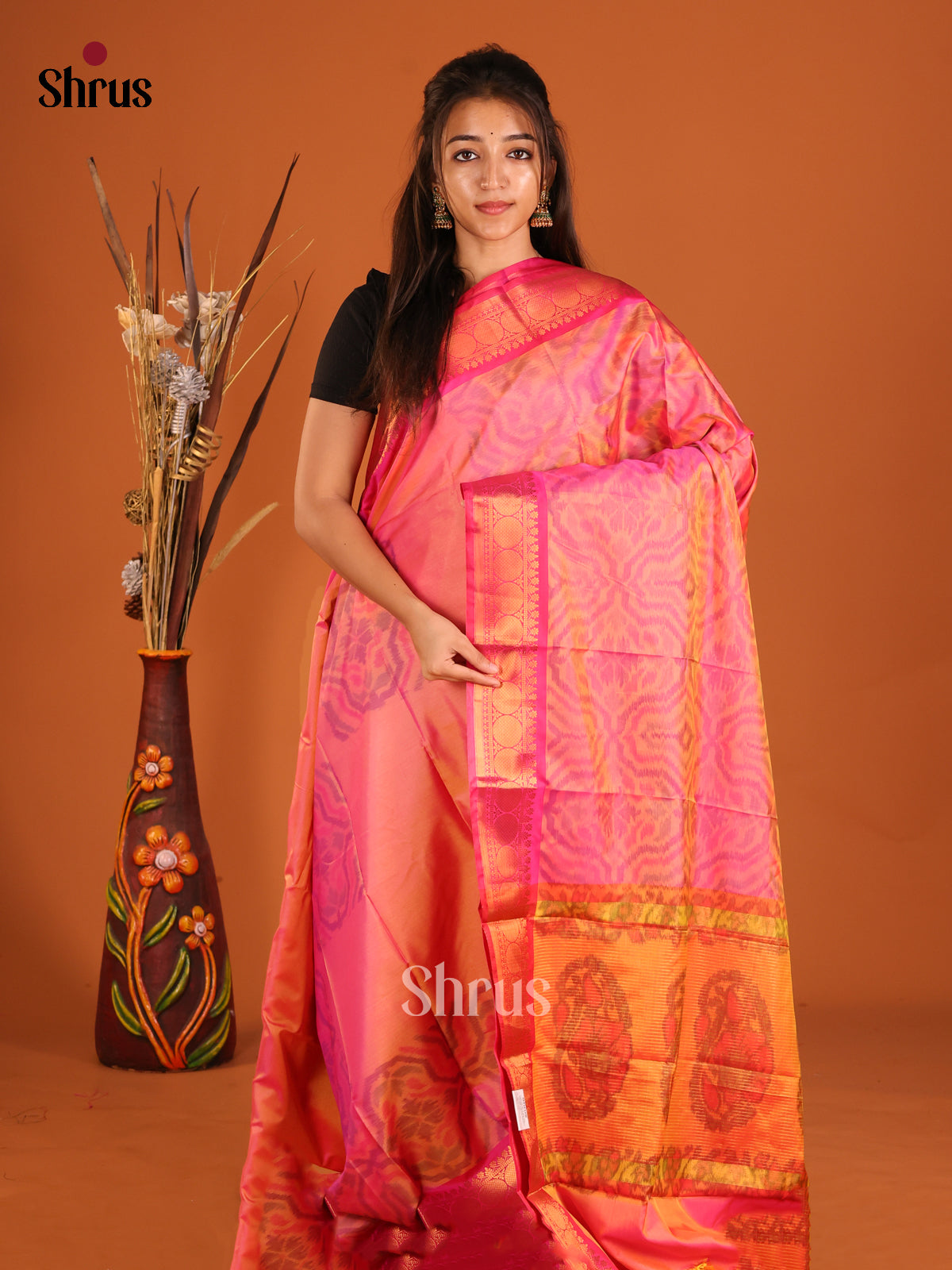 Pink & Orange - Semi Pochampally Saree - Shop on Shrus.com