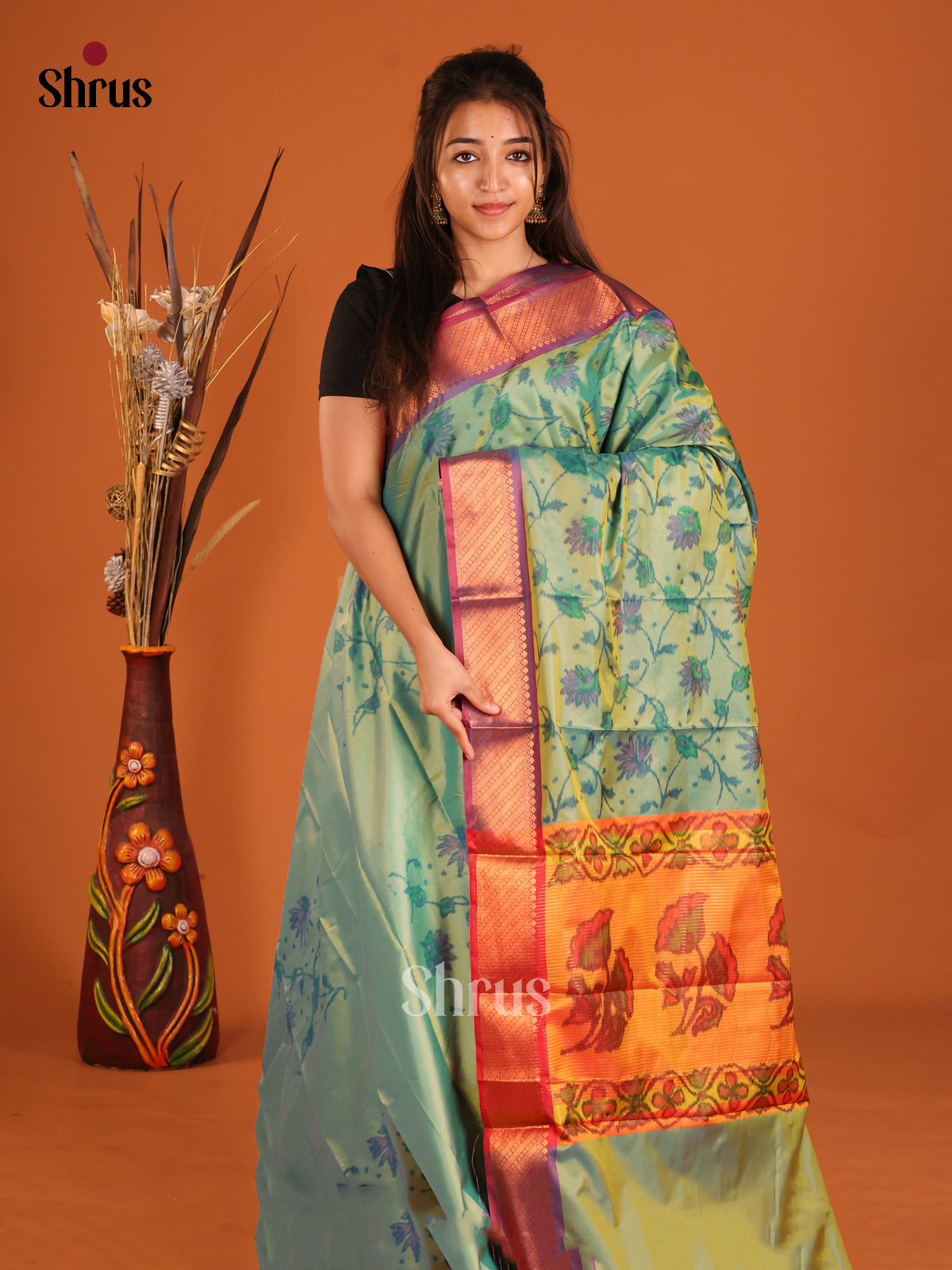 Green & Purple - Semi Pochampally Saree - Shop on Shrus.com