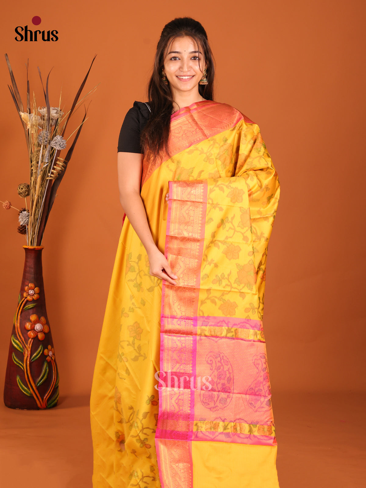 Yellow & Pink - Semi Pochampally Saree - Shop on Shrus.com