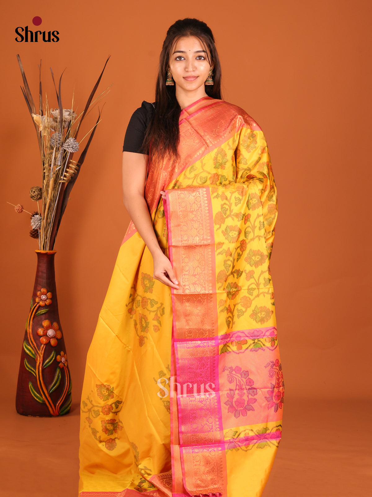Yellow & Pink- Semi Pochampally Saree - Shop on Shrus.com