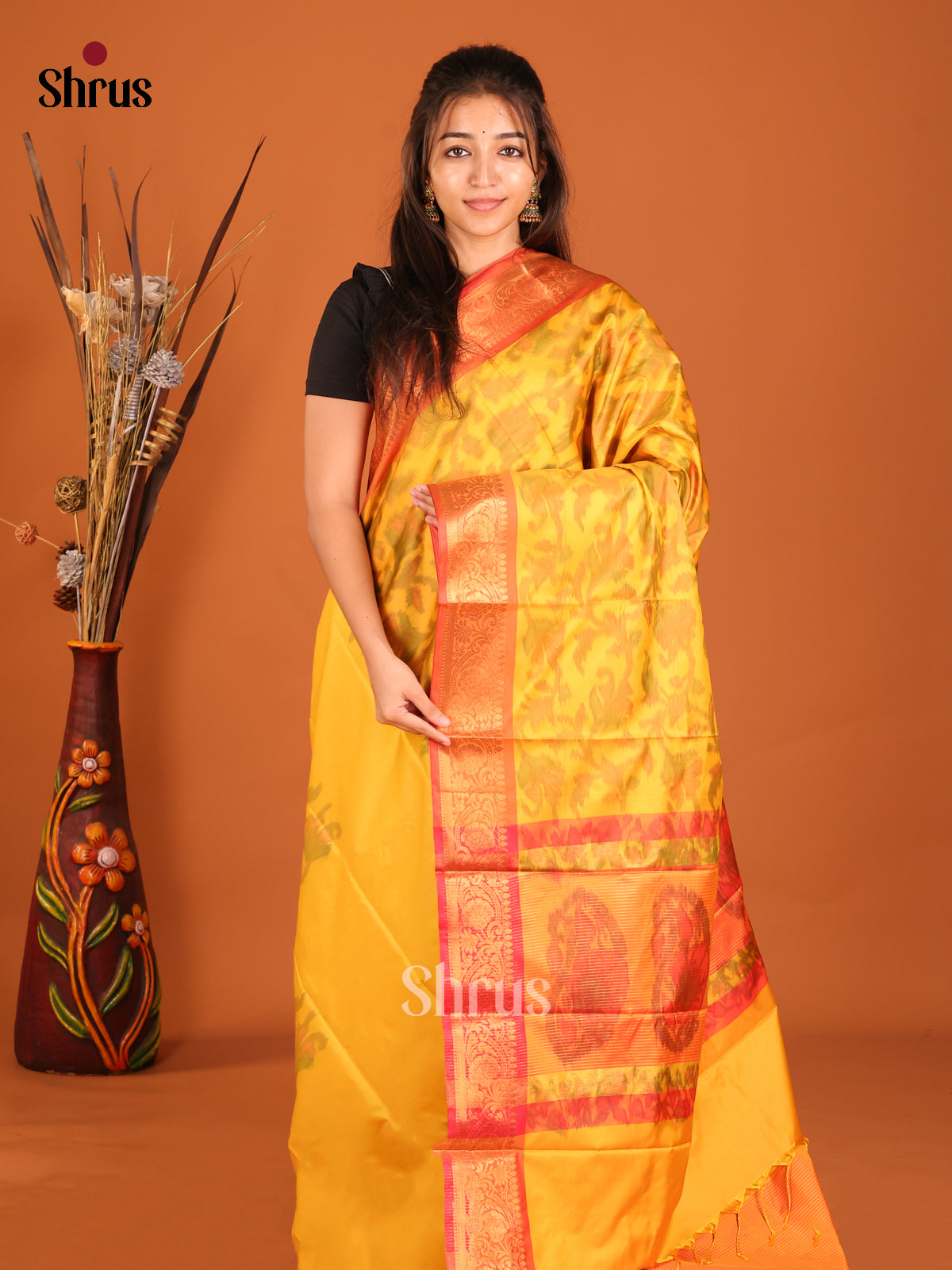 Yellow & Red- Semi Pochampally Saree - Shop on Shrus.com