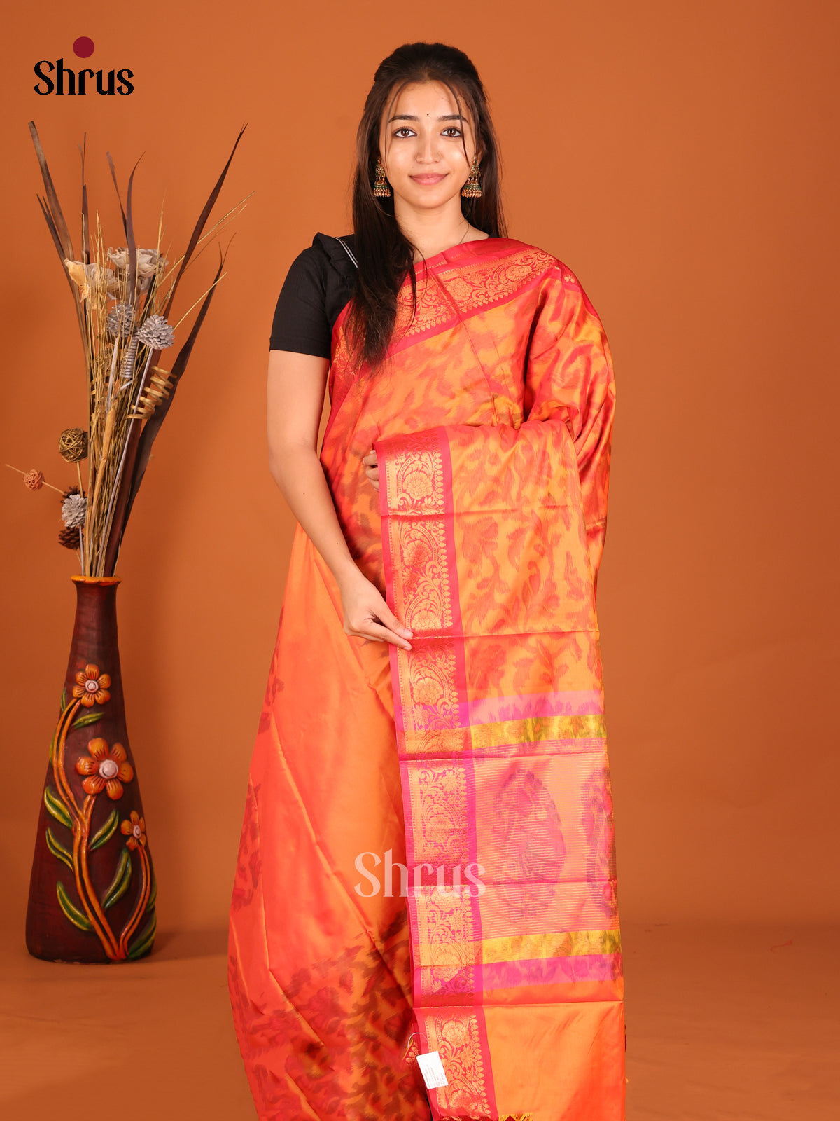 Orange & Pink - Semi Pochampally Saree - Shop on Shrus.com