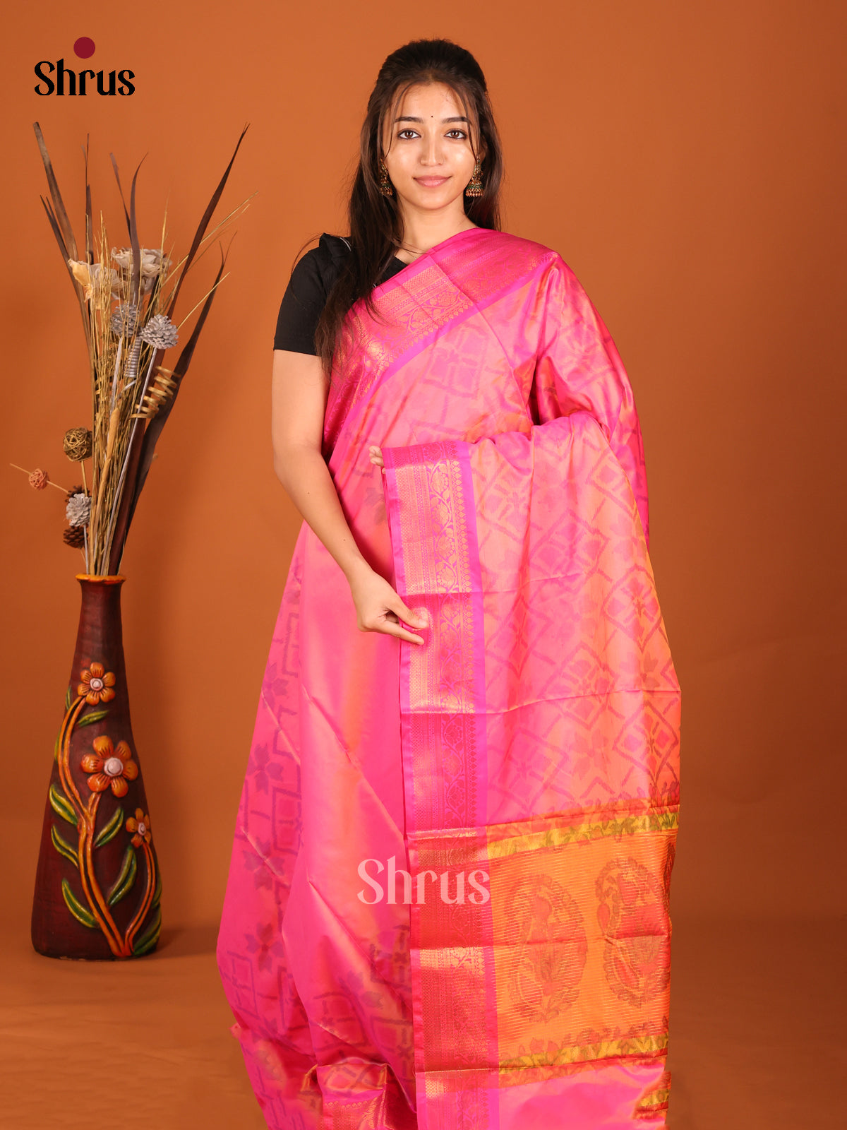 Pink & Orange - Semi Pochampally Saree - Shop on Shrus.com