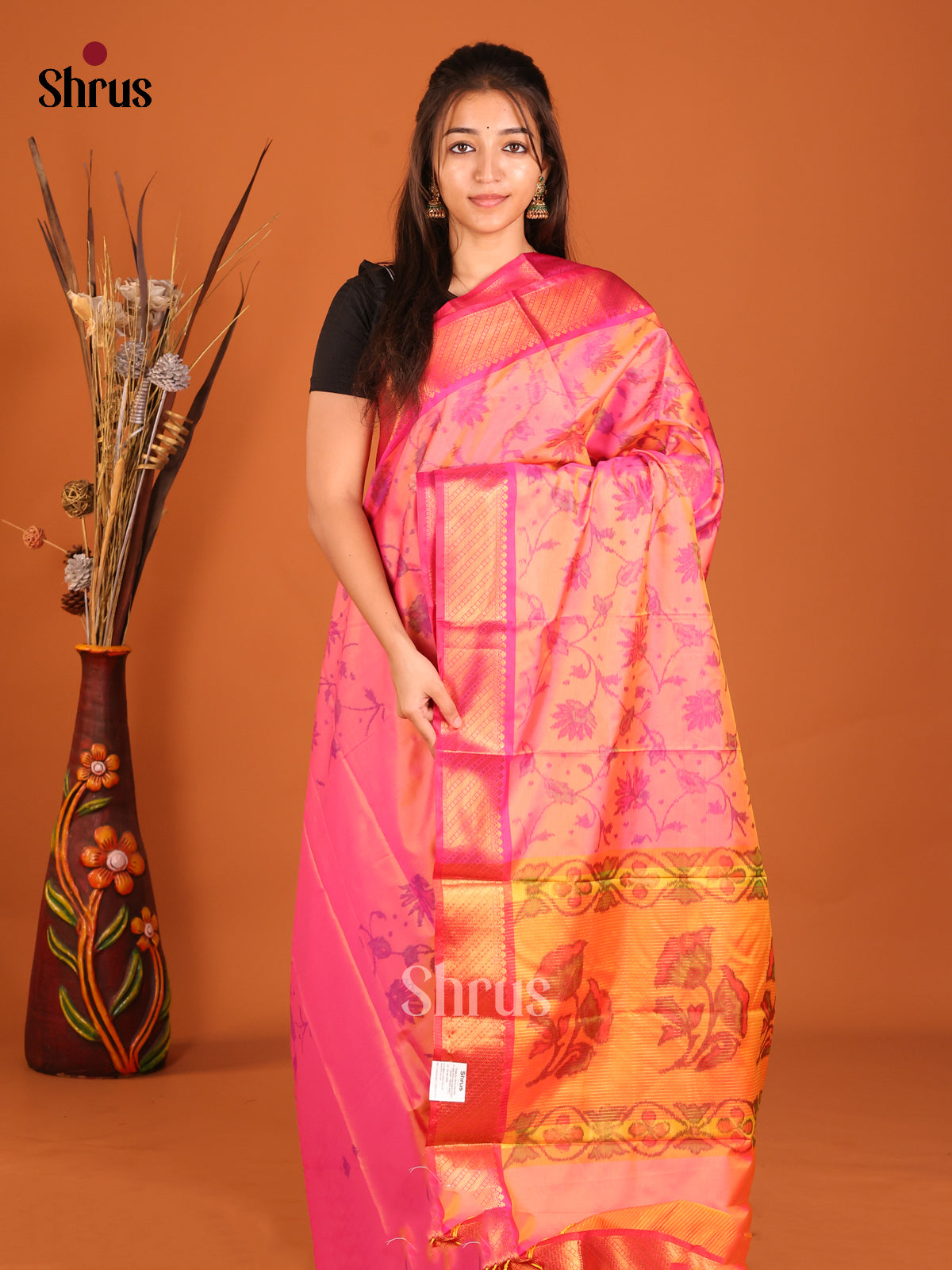 Pink & Orange - Semi Pochampally Saree - Shop on Shrus.com