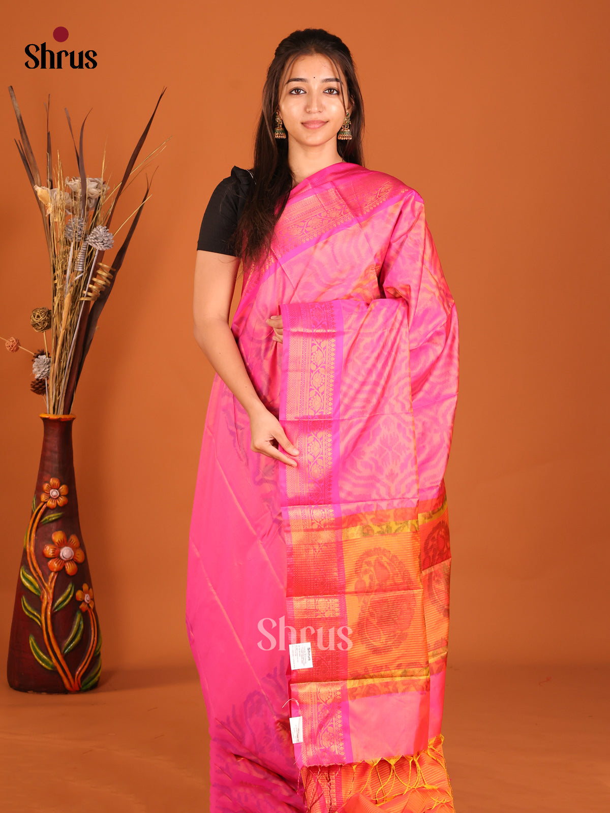 Pink & Orange - Semi Pochampally Saree - Shop on Shrus.com
