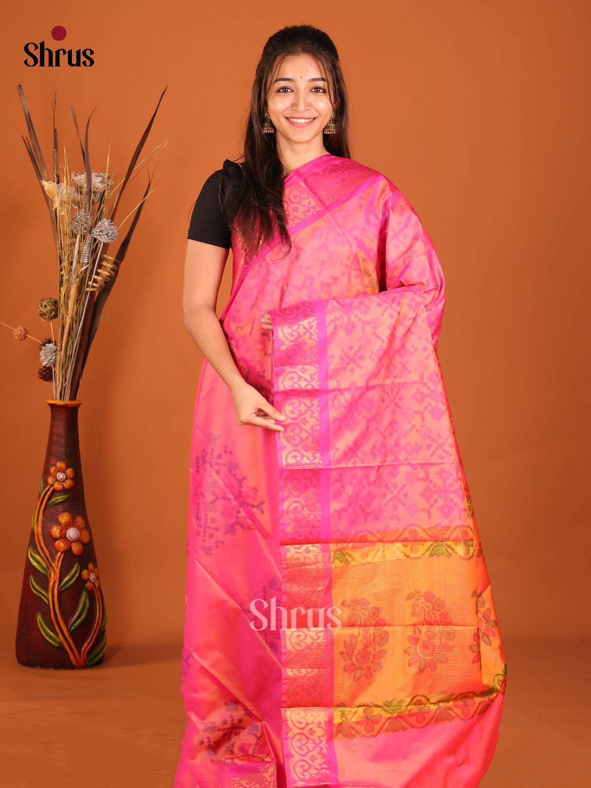 Pink & Orange - Semi Pochampally Saree - Shop on Shrus.com