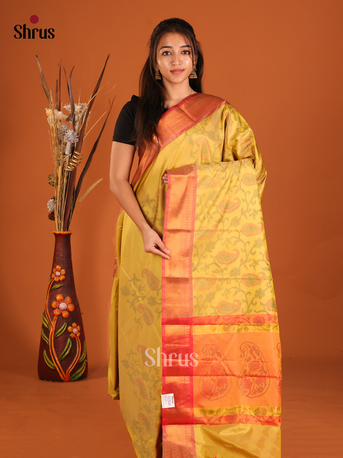 Yellow & Red - Semi Pochampally Saree - Shop on Shrus.com