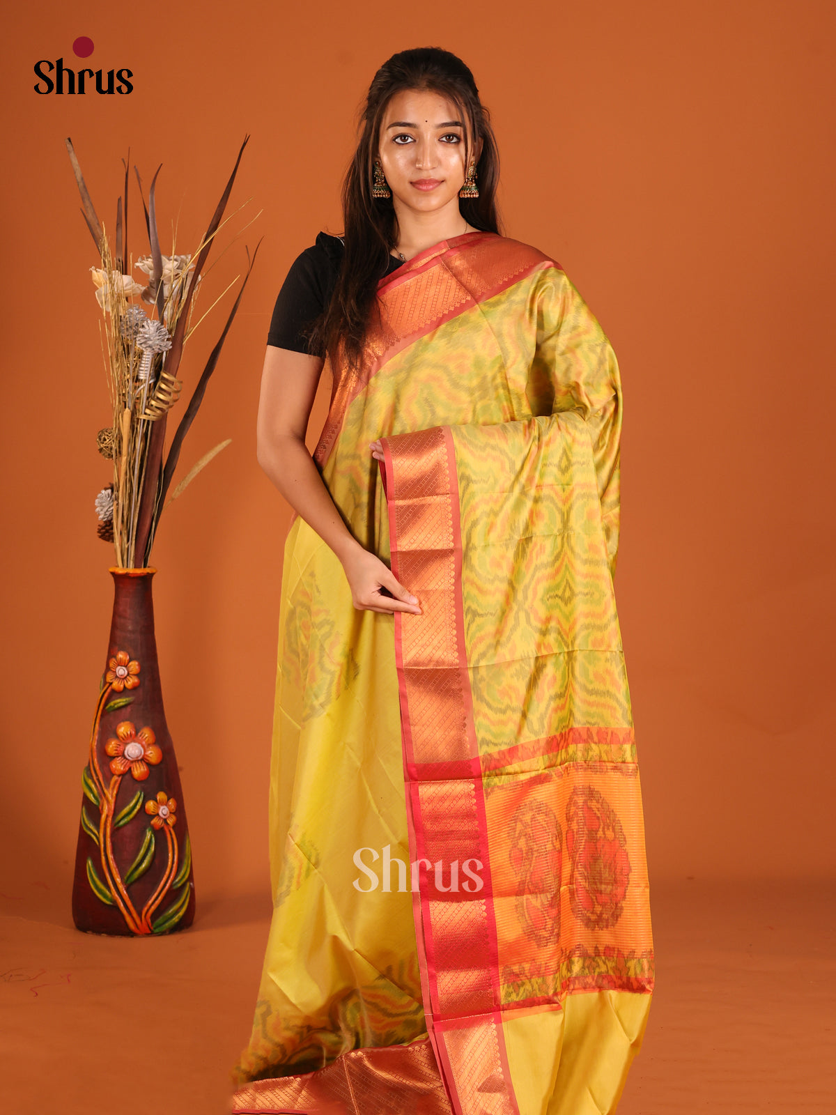 Yellow & Red - Semi Pochampally Saree - Shop on Shrus.com