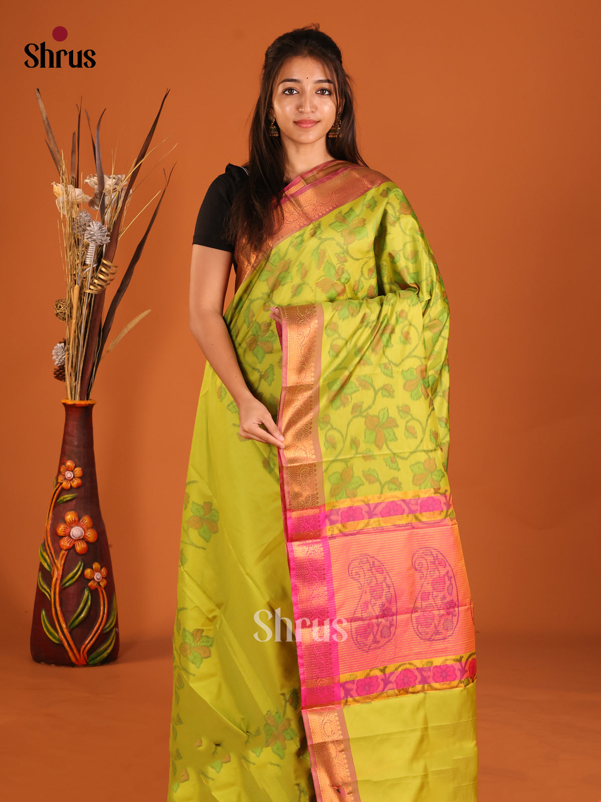 Light Green & Pink - Semi Pochampally Saree - Shop on Shrus.com