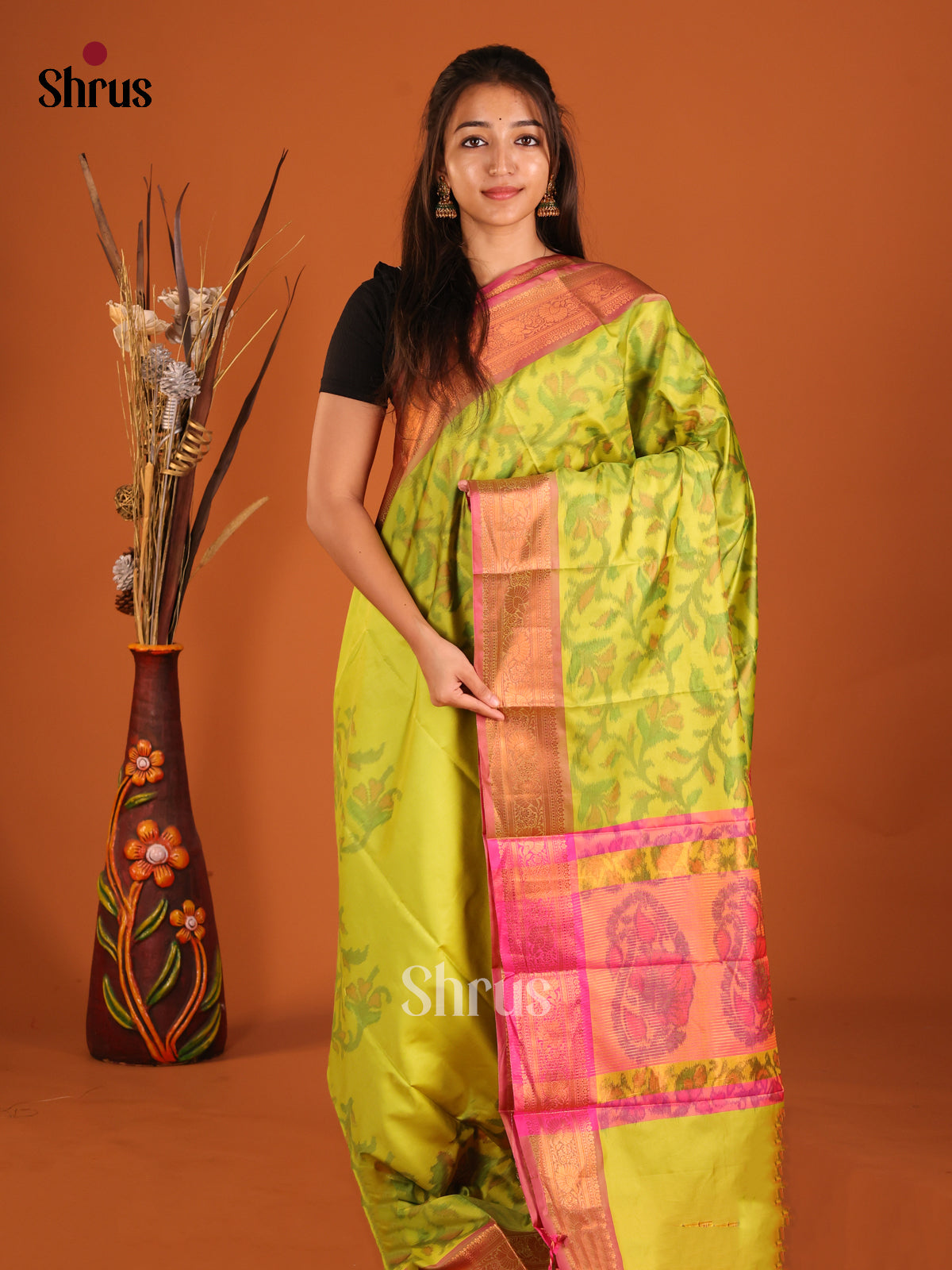 Light Green & Pink - Semi Pochampally Saree - Shop on Shrus.com