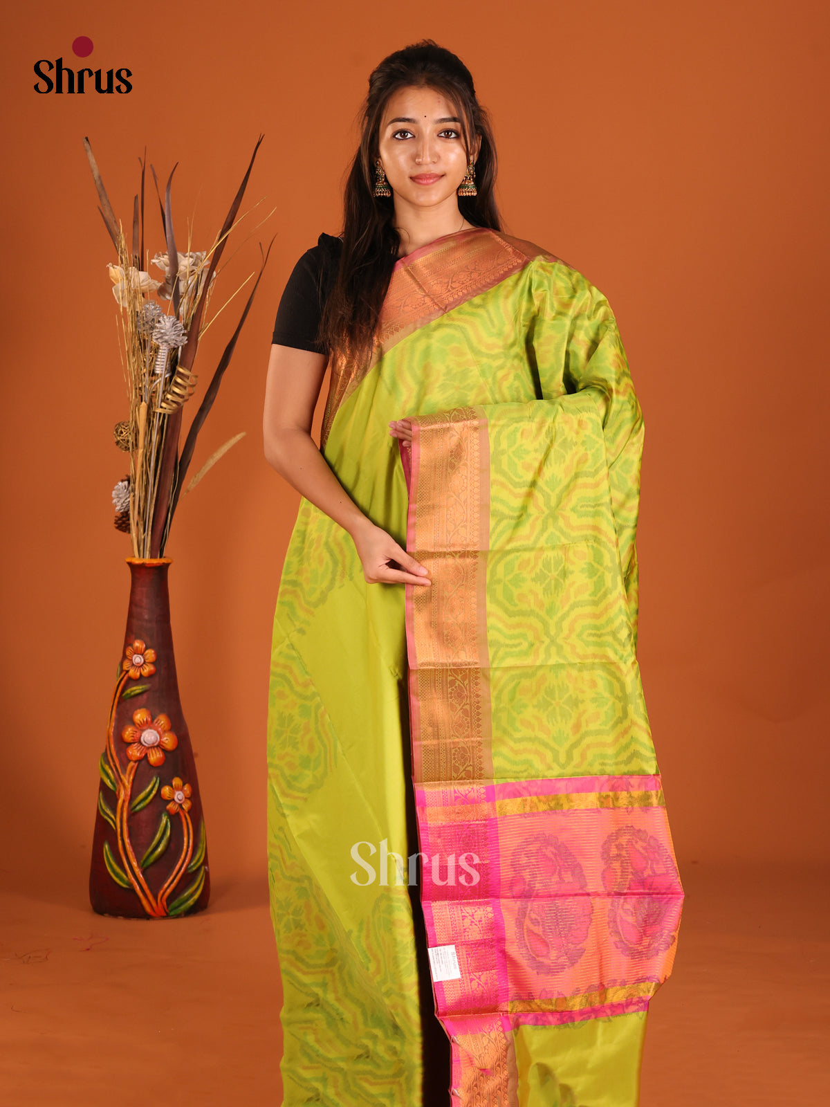 Light Green & Pink - Semi Pochampally Saree - Shop on Shrus.com