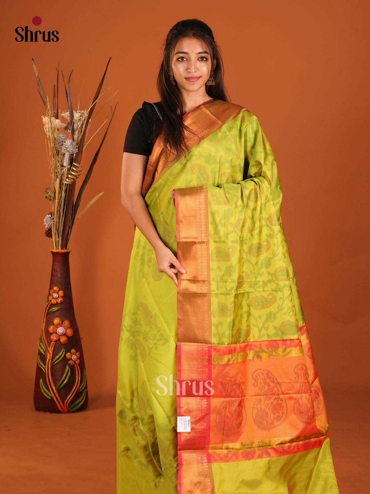 Light Green & Orange- Semi Pochampally Saree - Shop on Shrus.com