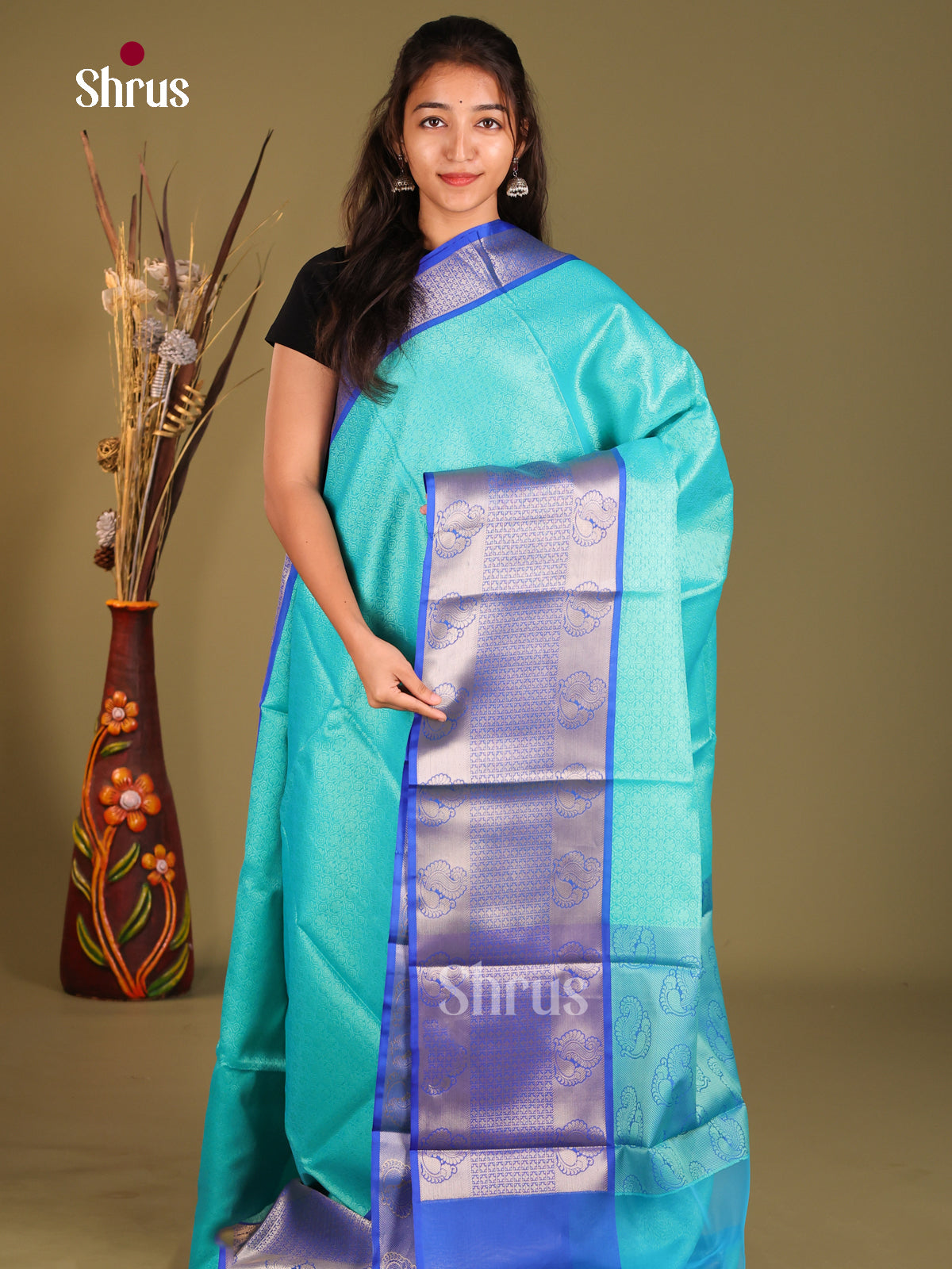 Light Blue & Blue - Tanchoi Semi Silk Saree
