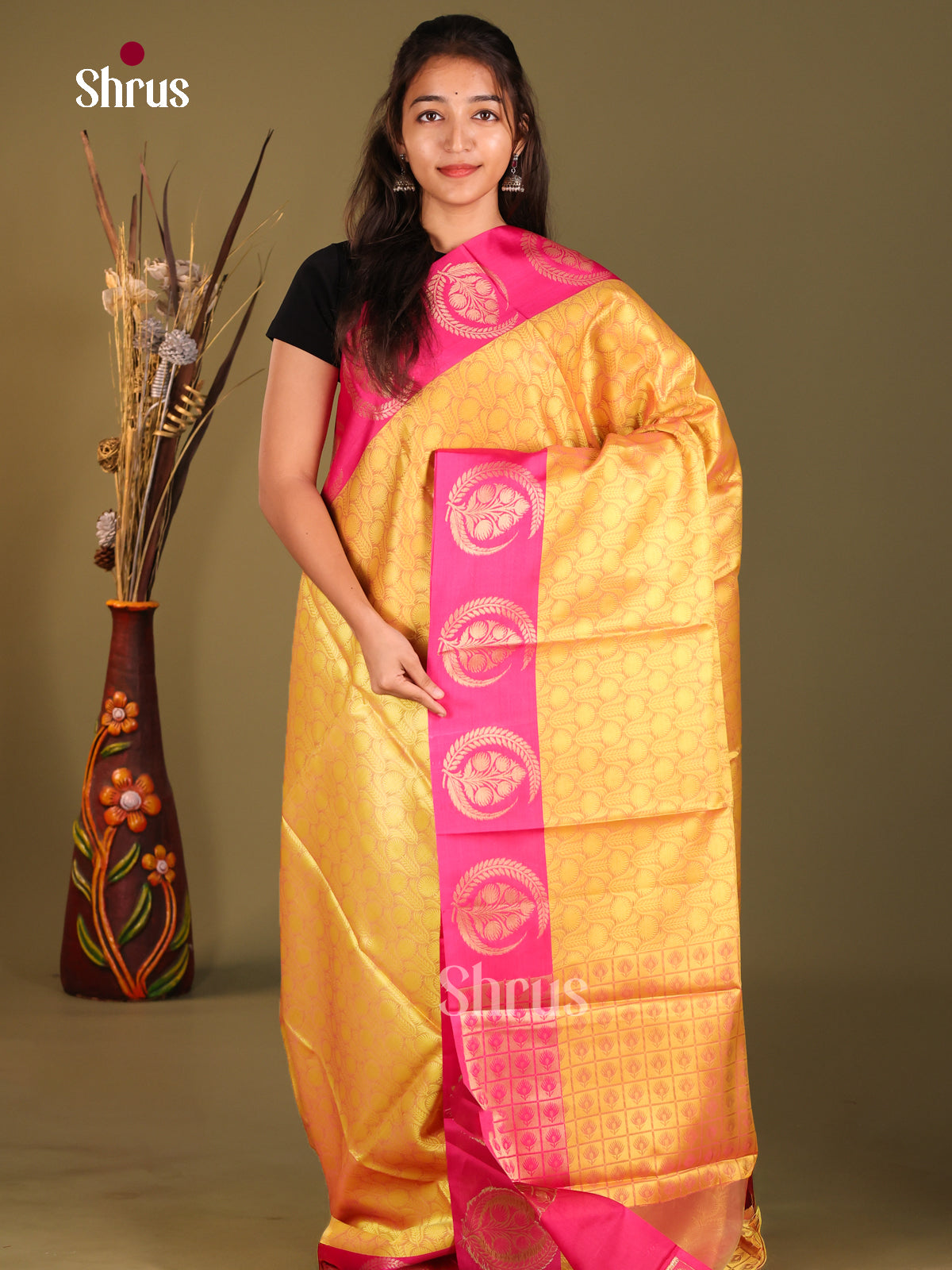Yellow & Pink - Tanchoi Semi Silk Saree - Shop on Shrus.com