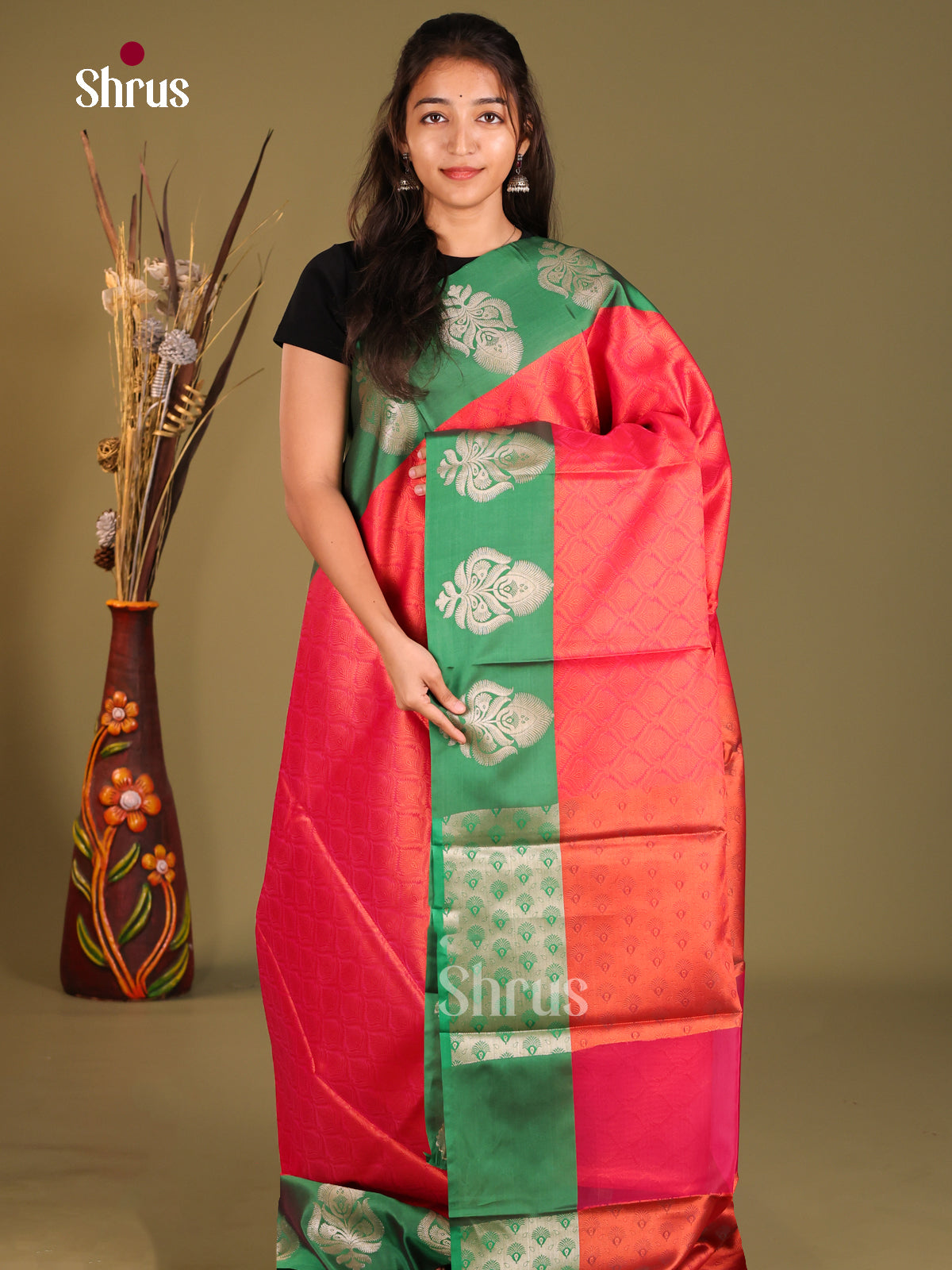 Orangish Pink & Green- Tanchoi semi Silk Saree
