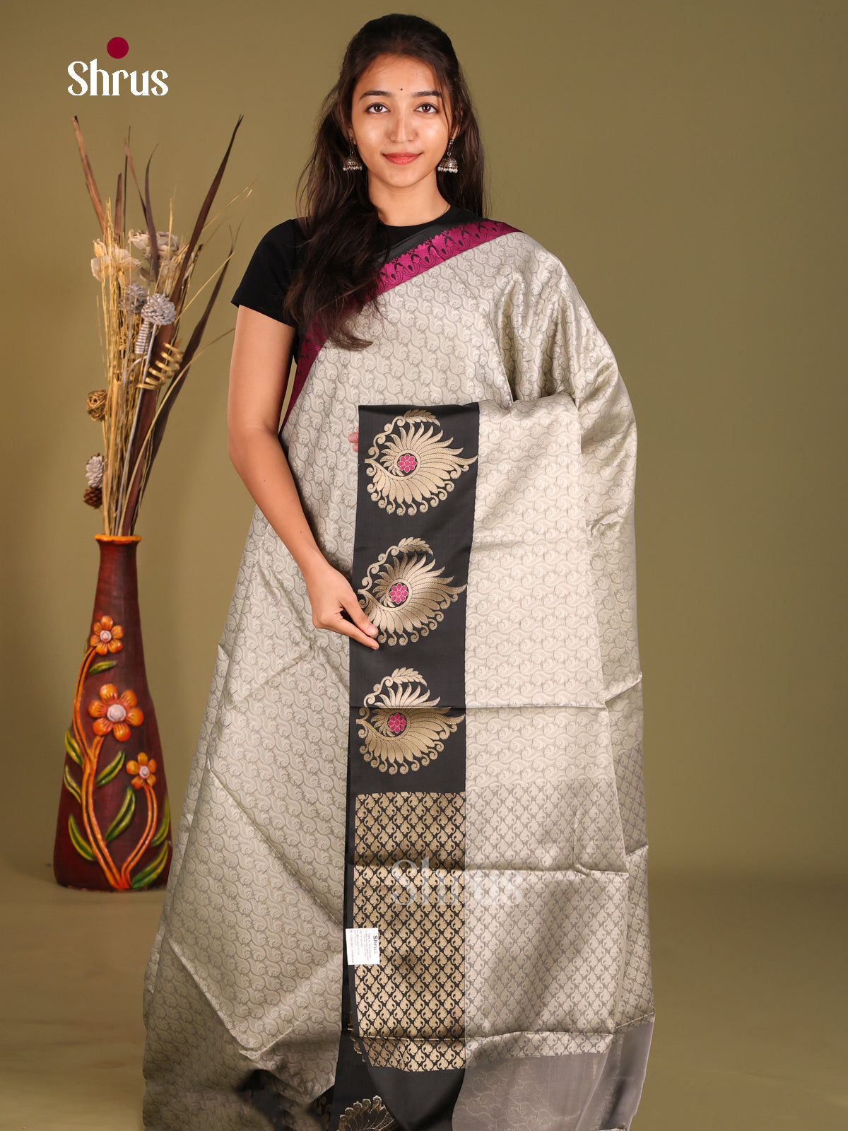 Grey & Black - Tanchoi Semi Silk Saree - Shop on Shrus.com