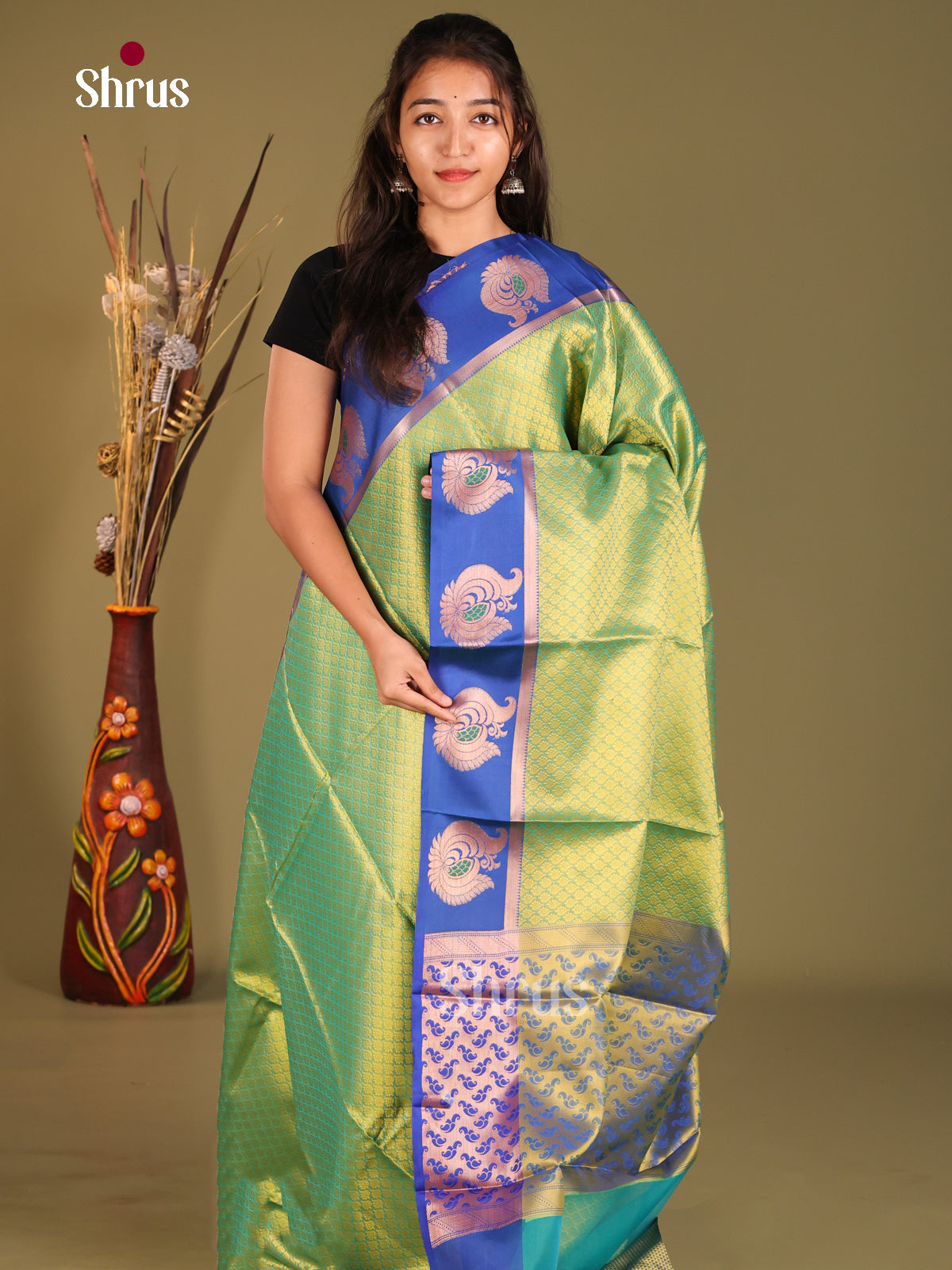 Green & Blue - Tanchoi Semi Silk Saree - Shop on Shrus.com