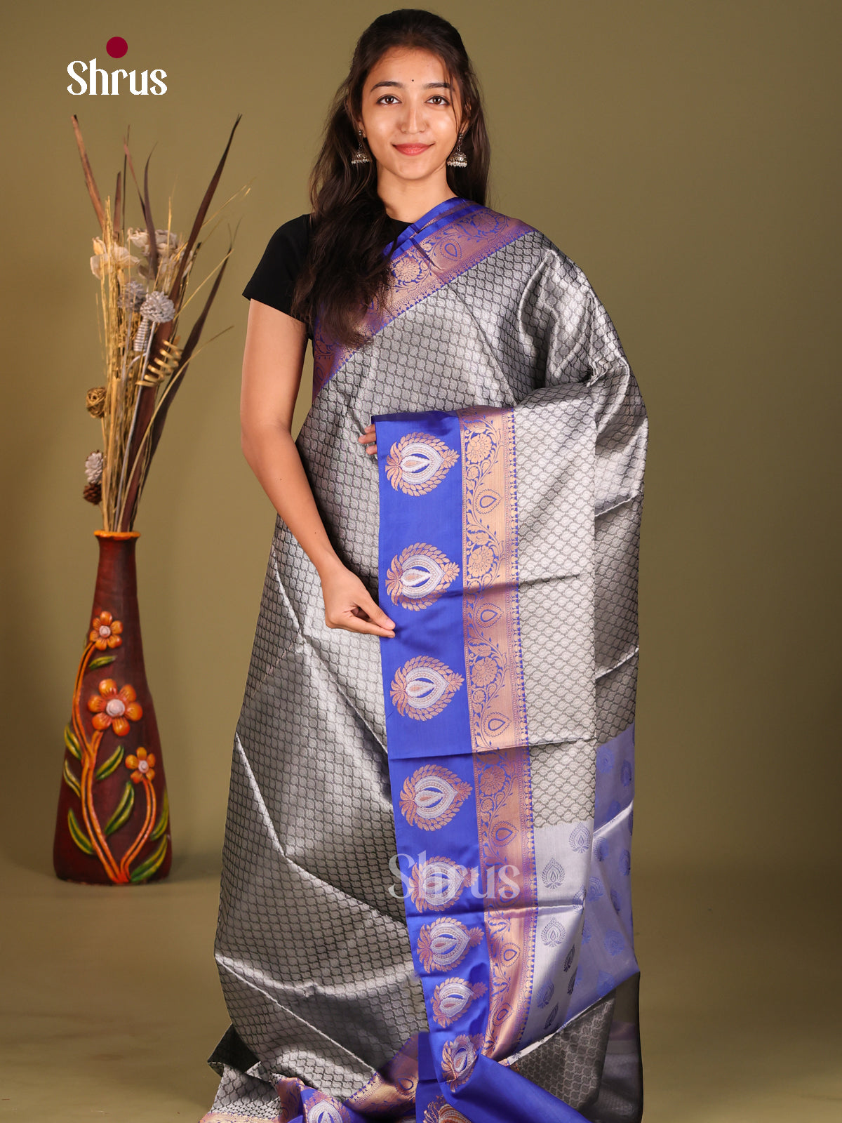 Grey & Blue - Tanchoi Saree - Shop on Shrus.com
