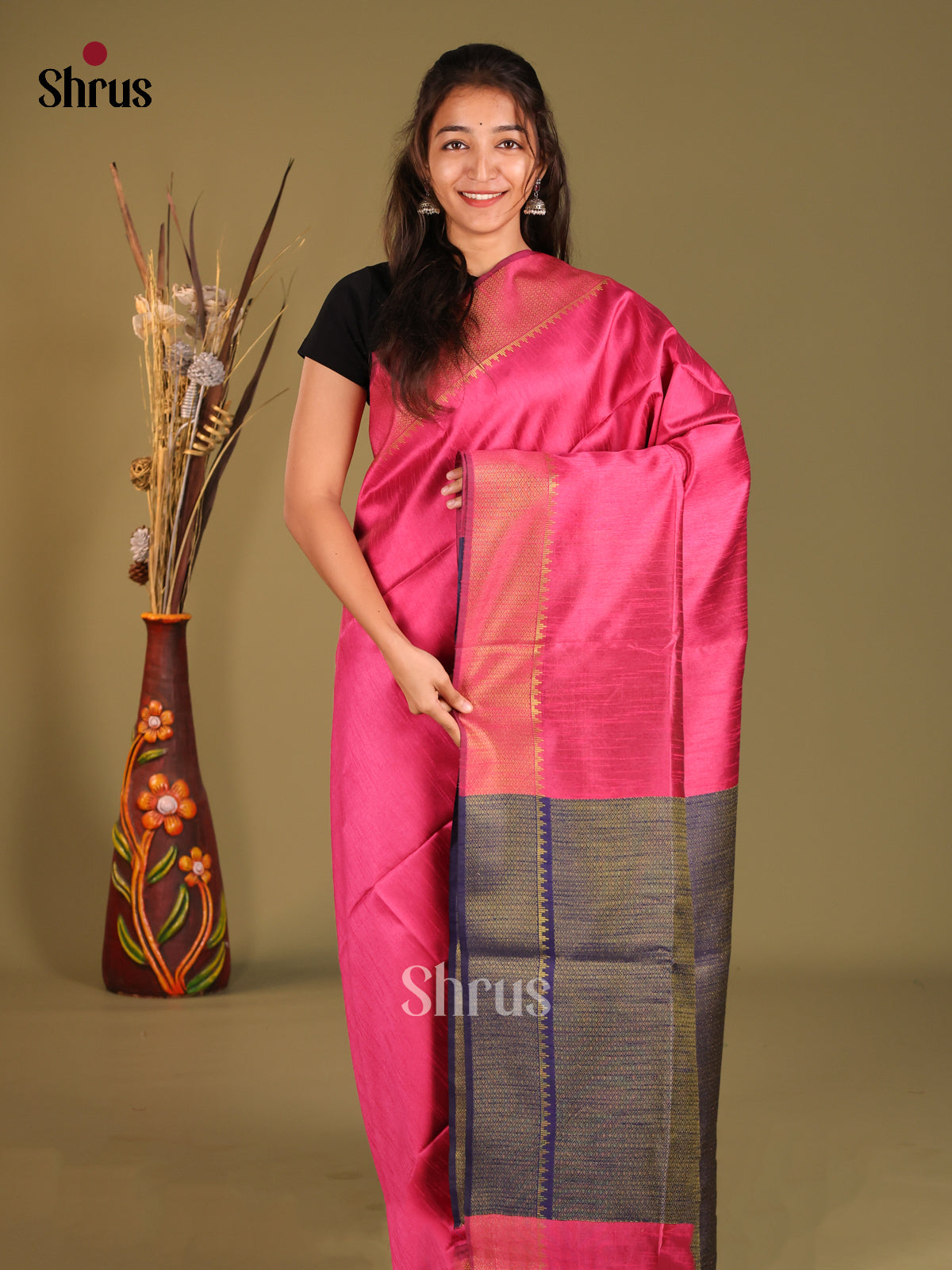 Pink & blue - Semi Rawsilk Saree - Shop on Shrus.com