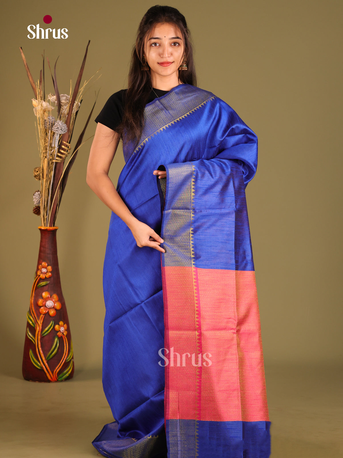 Blue & Pink- Semi Rawsilk Saree