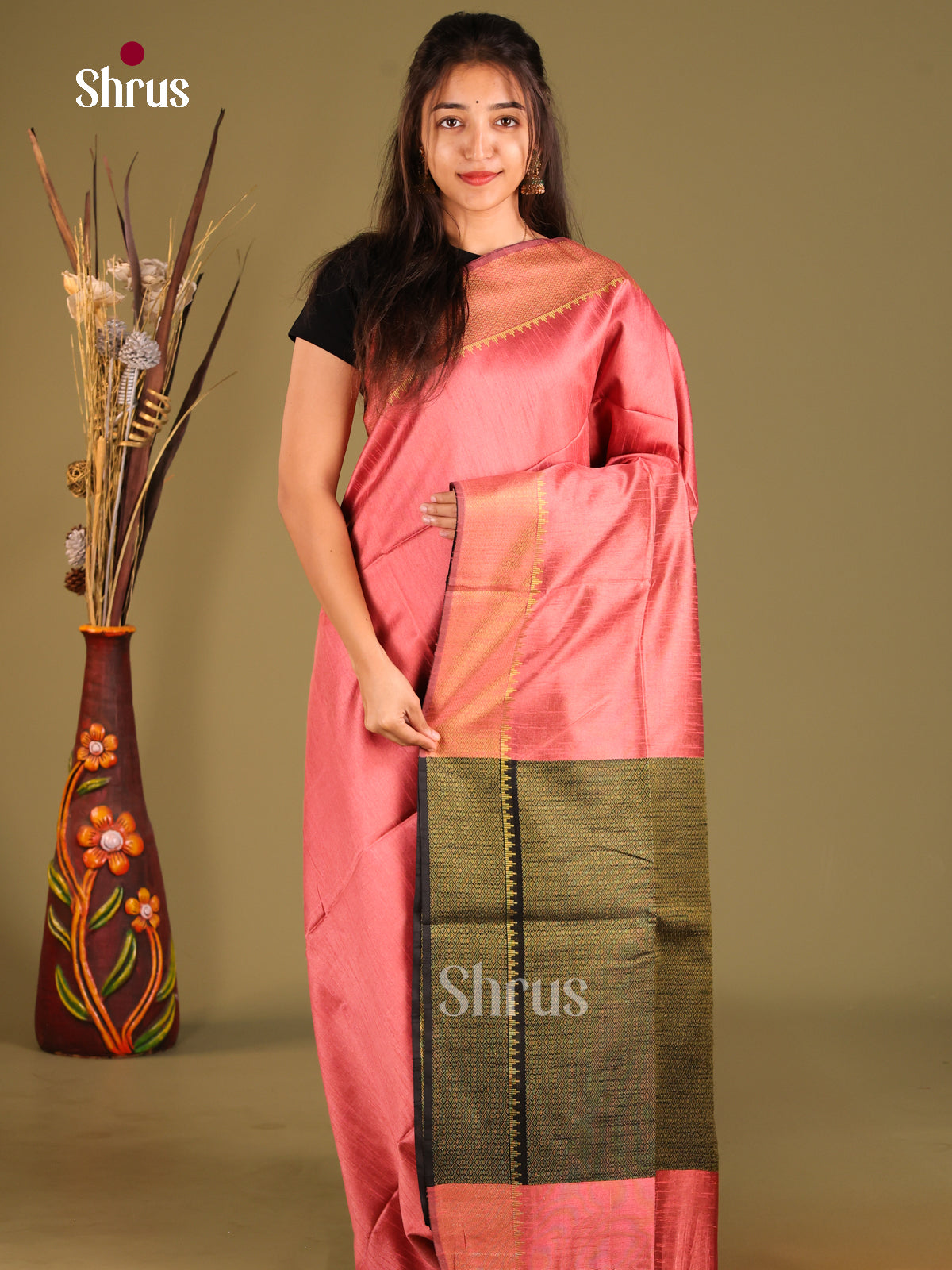 Pink & Black - Semi Rawsilk Saree - Shop on Shrus.com