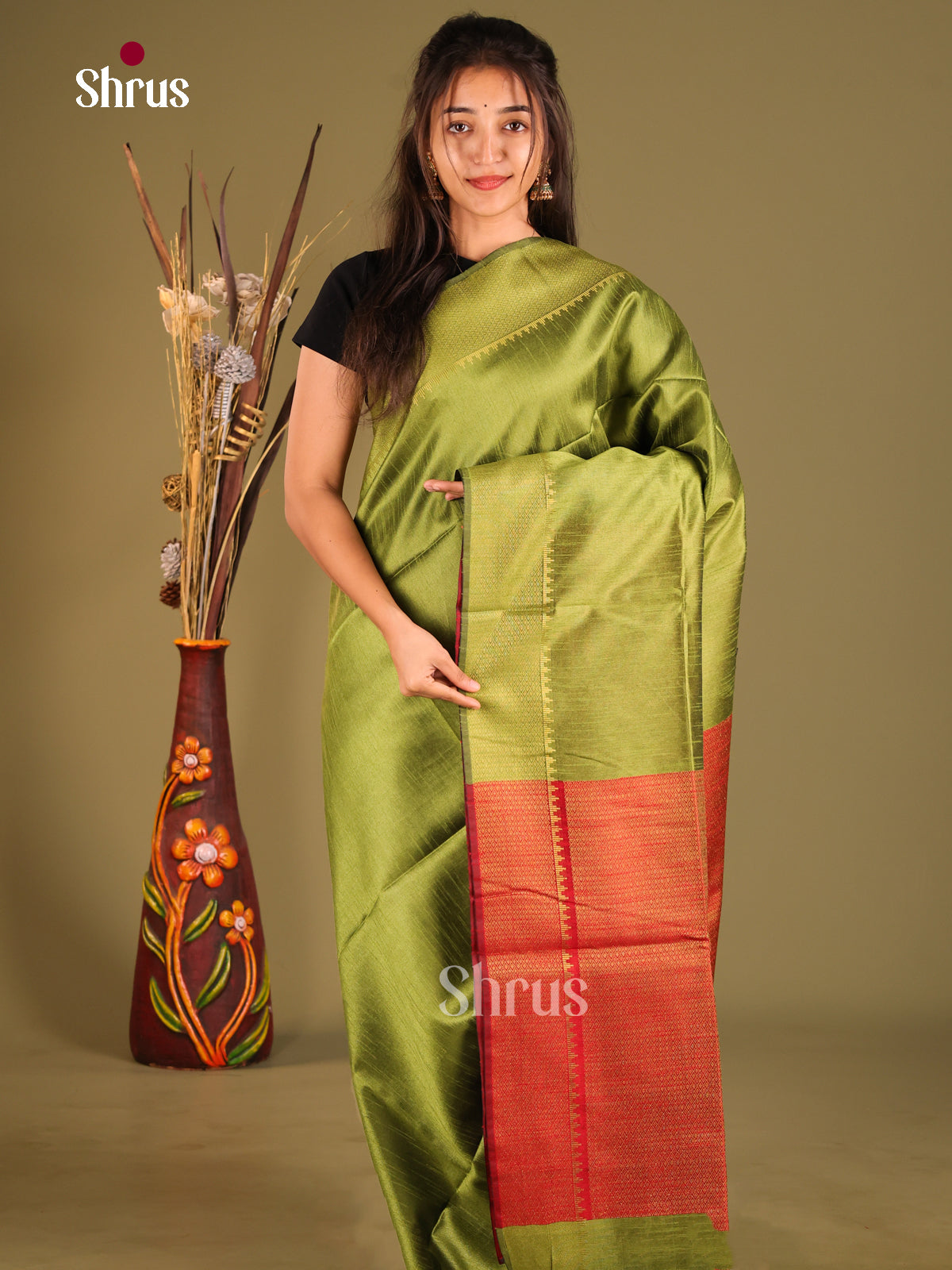 Green & Red - Semi Rawsilk Saree - Shop on Shrus.com