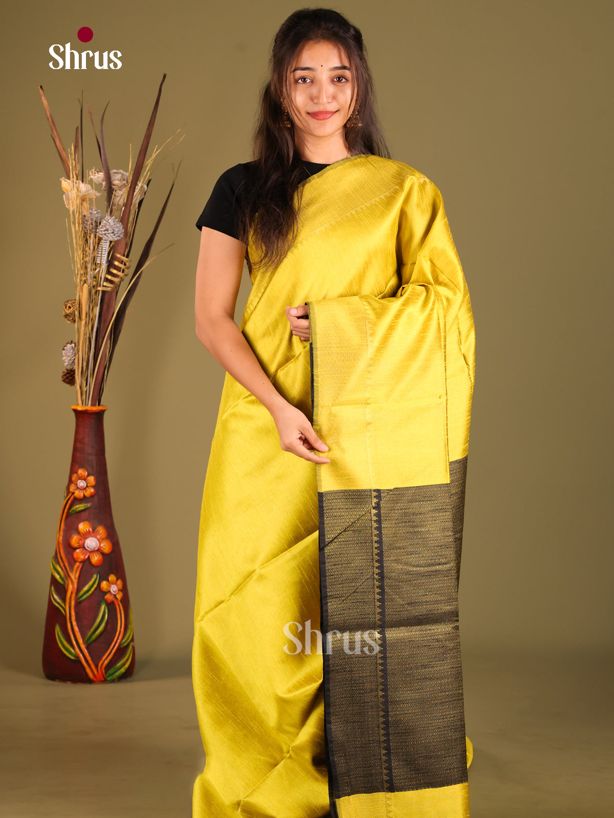 Yellow & Black- Semi Rawsilk Saree - Shop on Shrus.com