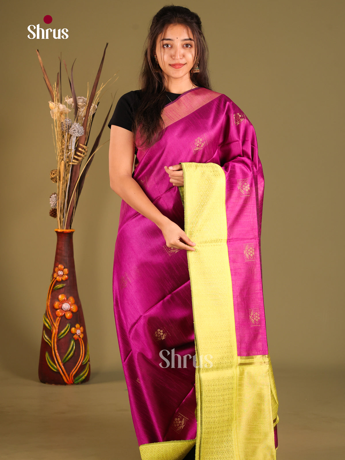 Purple & Yellow - Semi Rawsilk Saree - Shop on Shrus.com