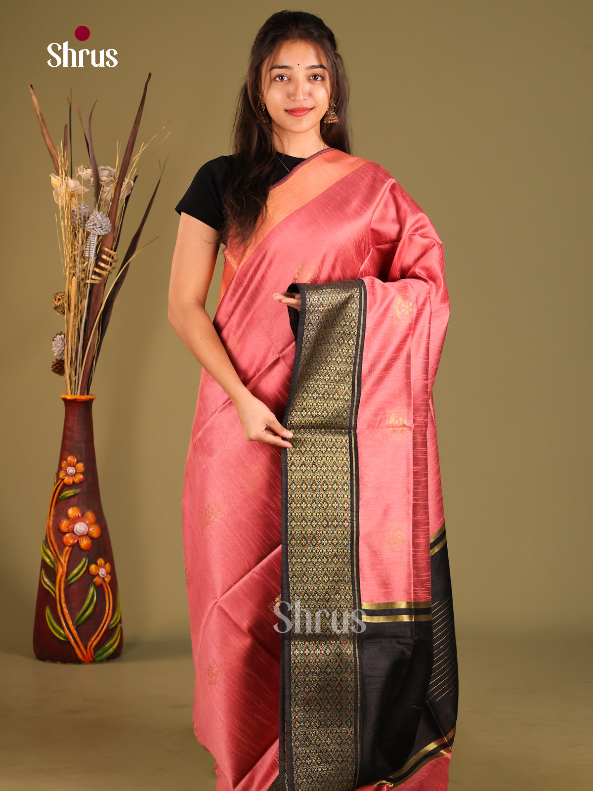 Pink & Black - Semi Rawsilk Saree - Shop on Shrus.com