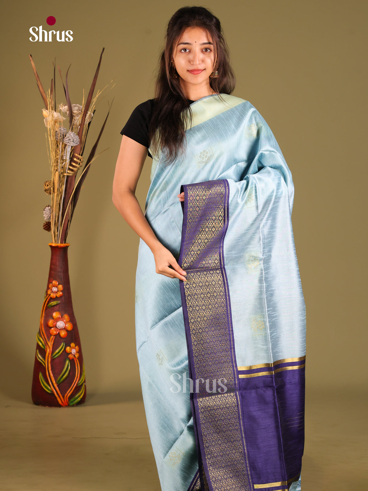 Light Blue & Blue - Semi Rawsilk Saree - Shop on Shrus.com