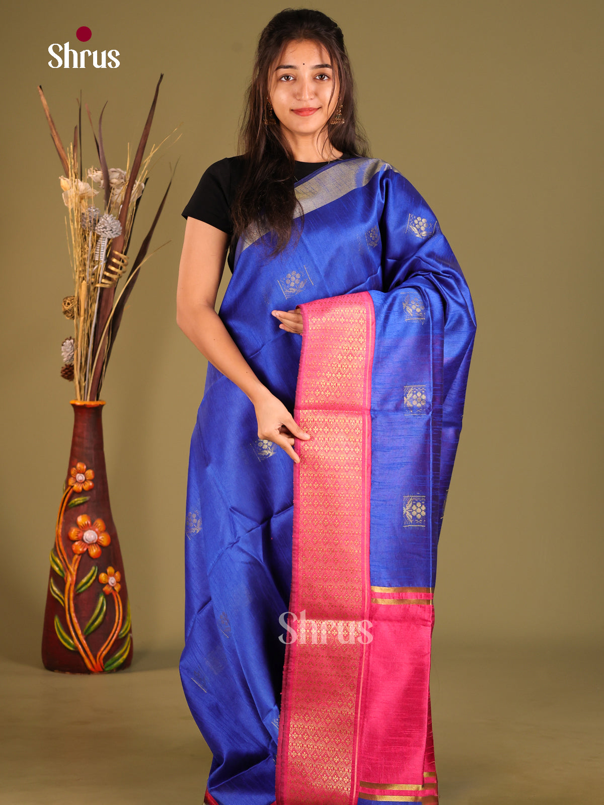 Blue & Pink - Semi Rawsilk Saree