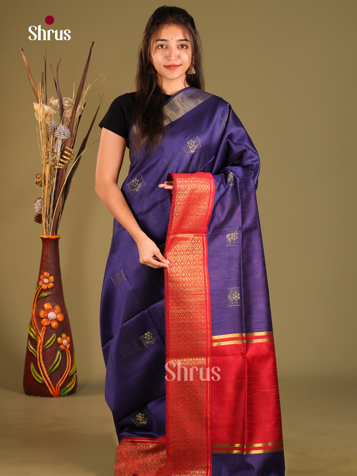 Blue & Red - Semi Rawsilk Saree