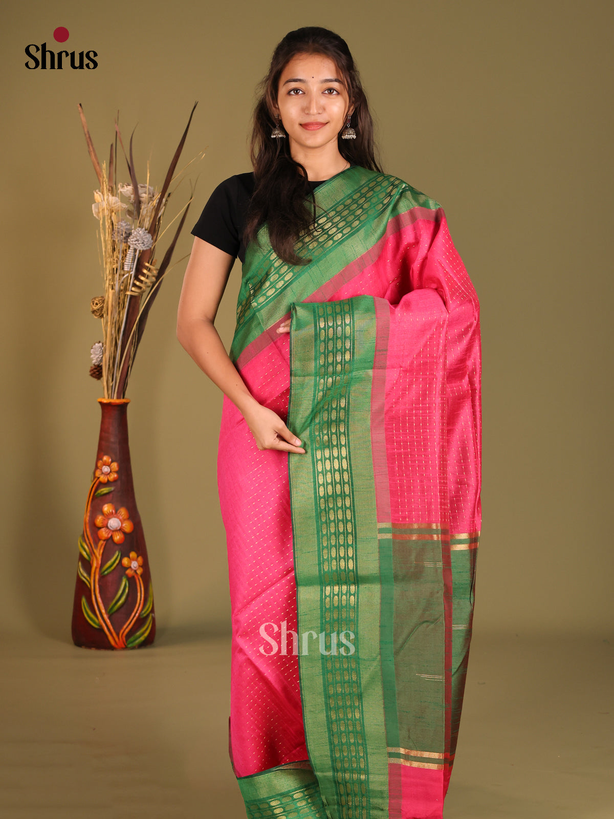 Pink & Green - Semi Rawsilk Saree - Shop on Shrus.com