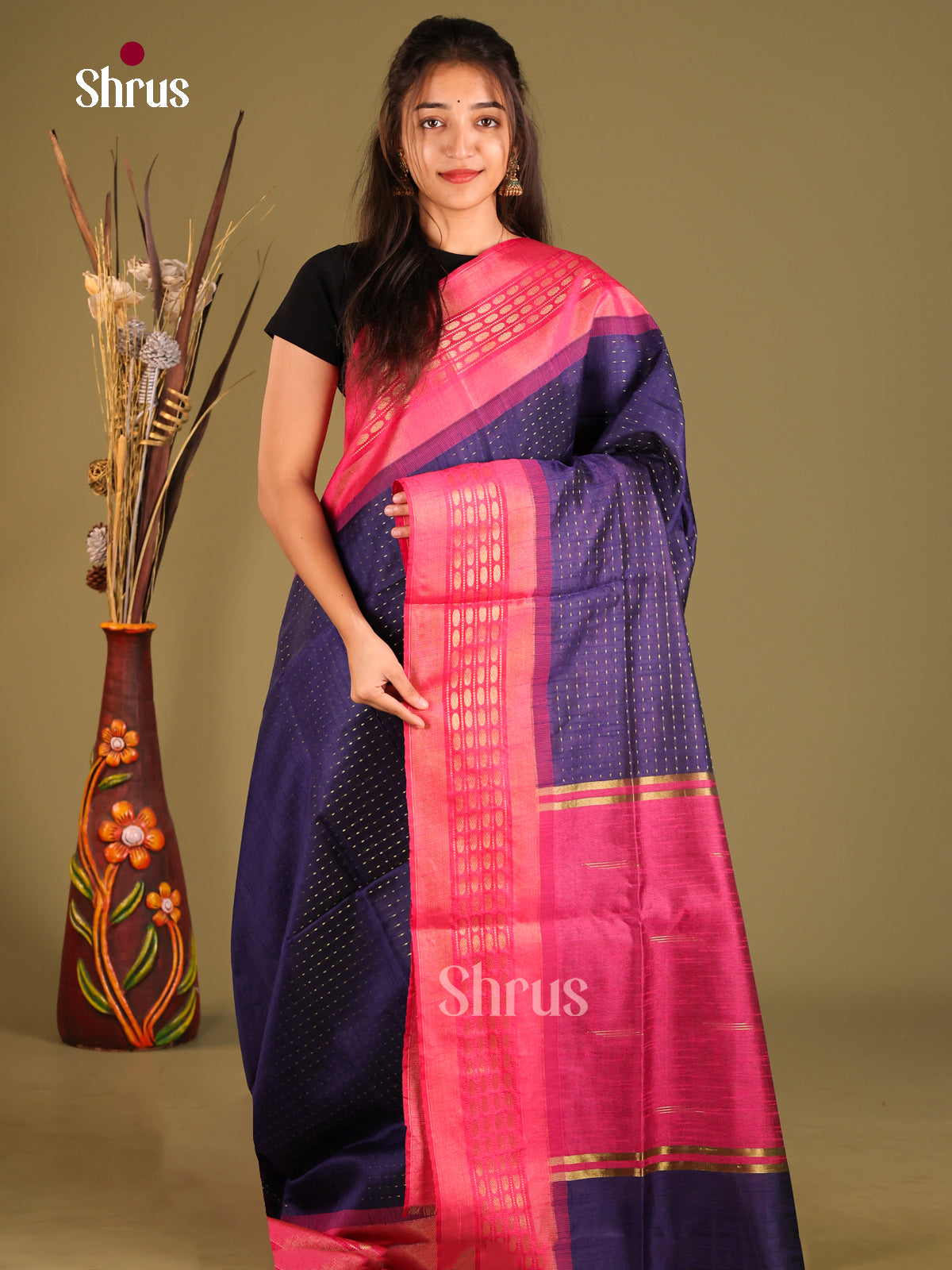Blue & Pink- Semi Rawsilk Saree