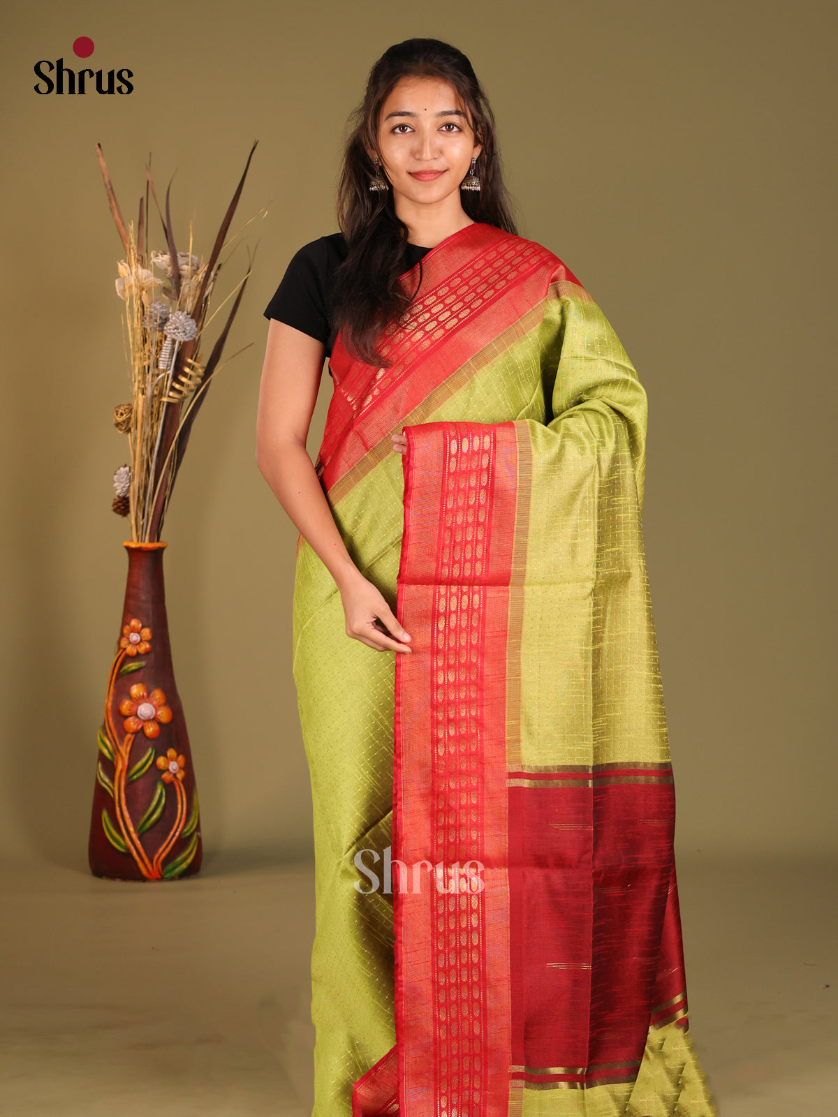 Green & Red- Semi Rawsilk Saree - Shop on Shrus.com