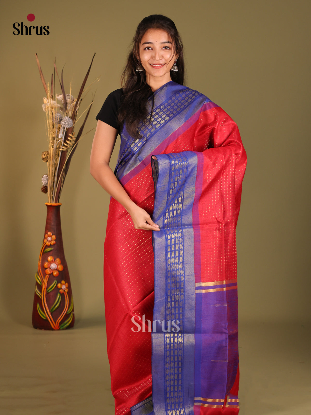 Red & Blue - Semi Rawsilk Saree - Shop on Shrus.com