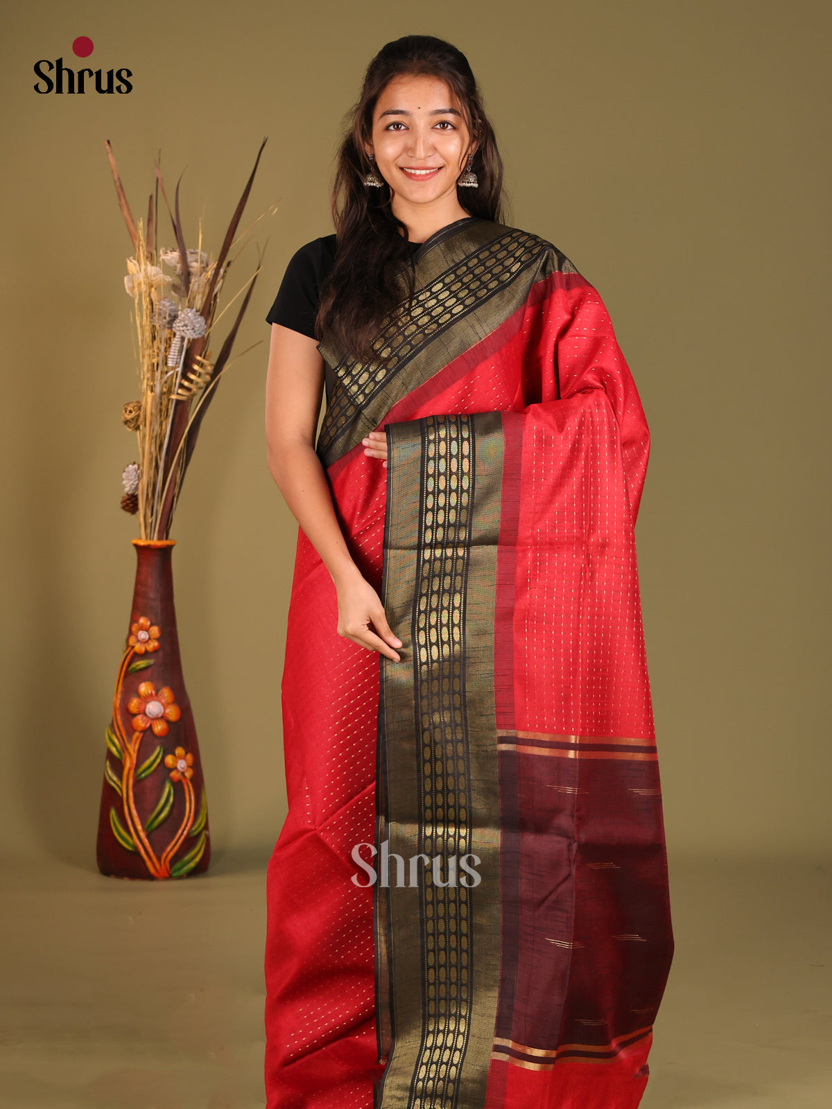 Red & Brown- Semi Rawsilk Saree - Shop on Shrus.com