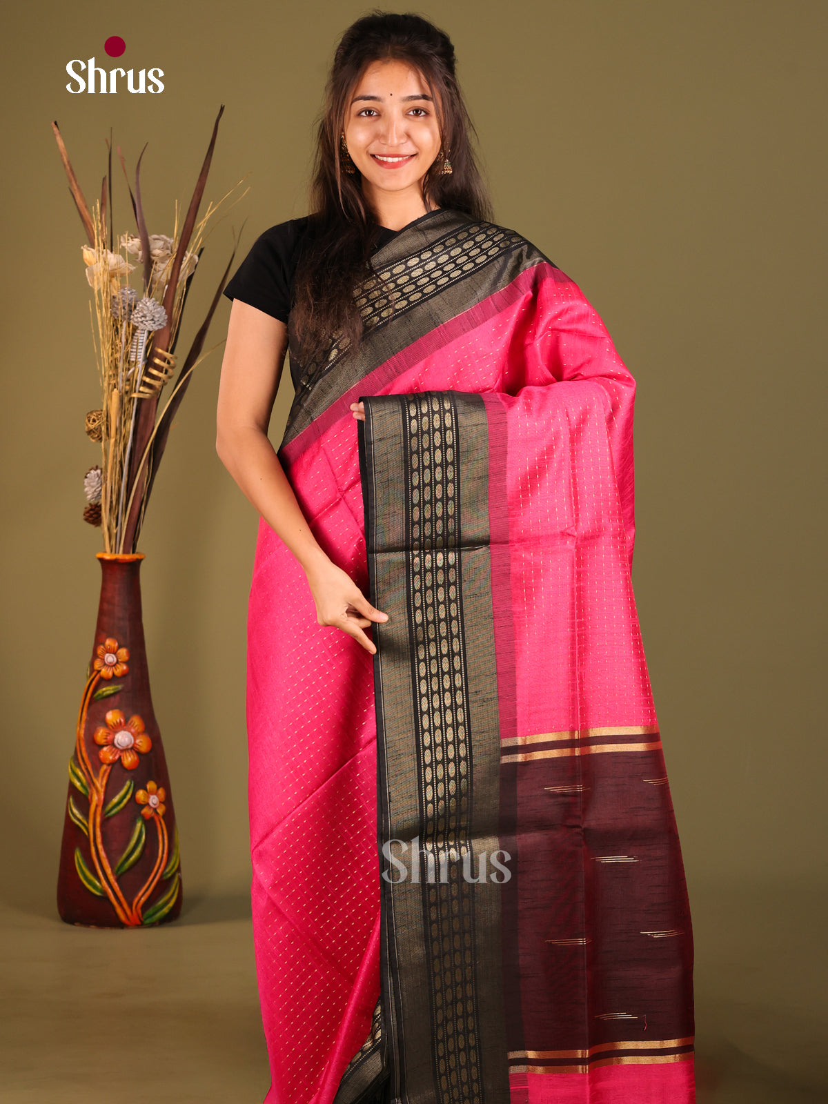 Pink & Brown - Semi Rawsilk Saree - Shop on Shrus.com