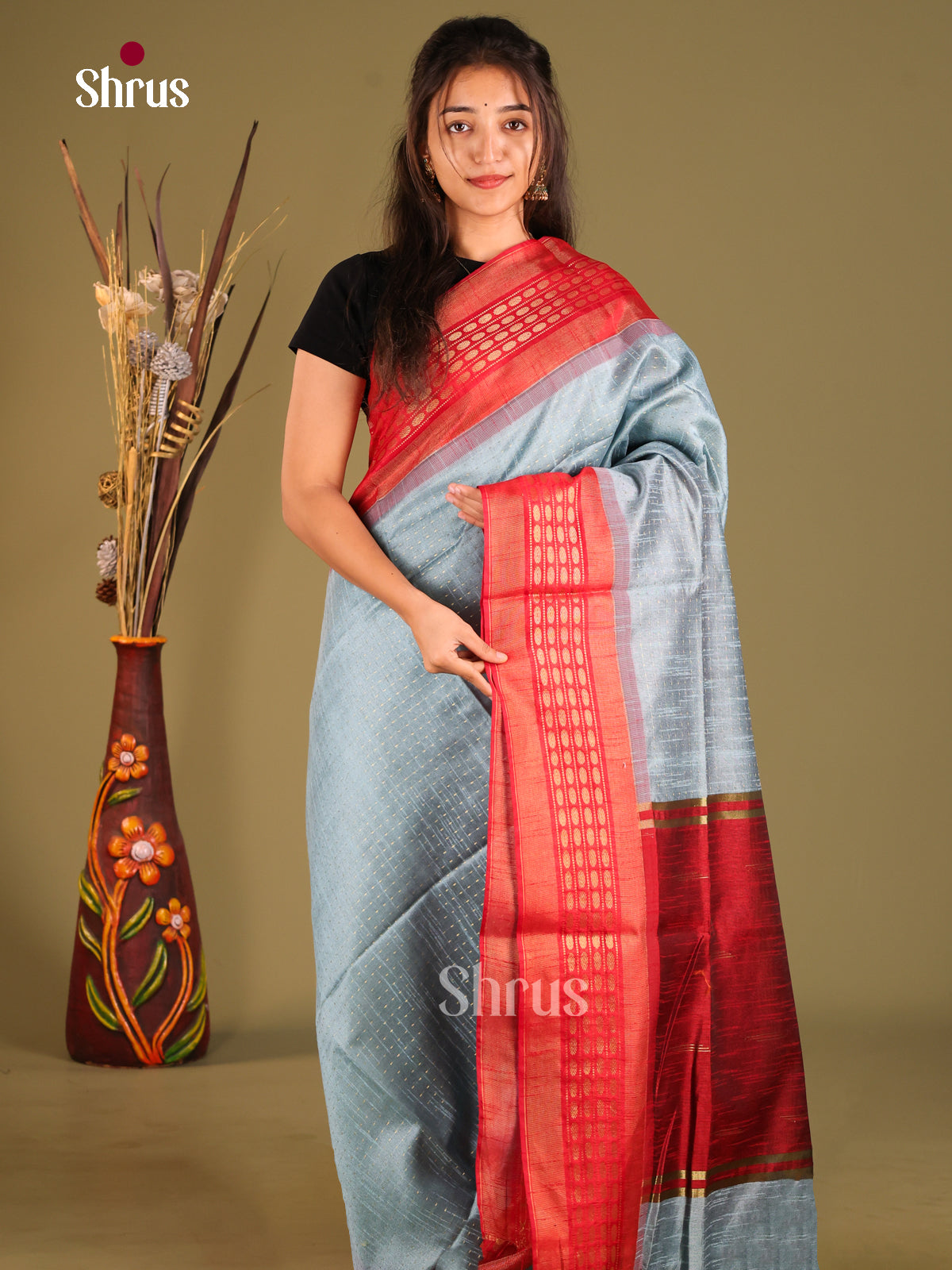 Grey & Red - Semi Rawsilk Saree - Shop on Shrus.com