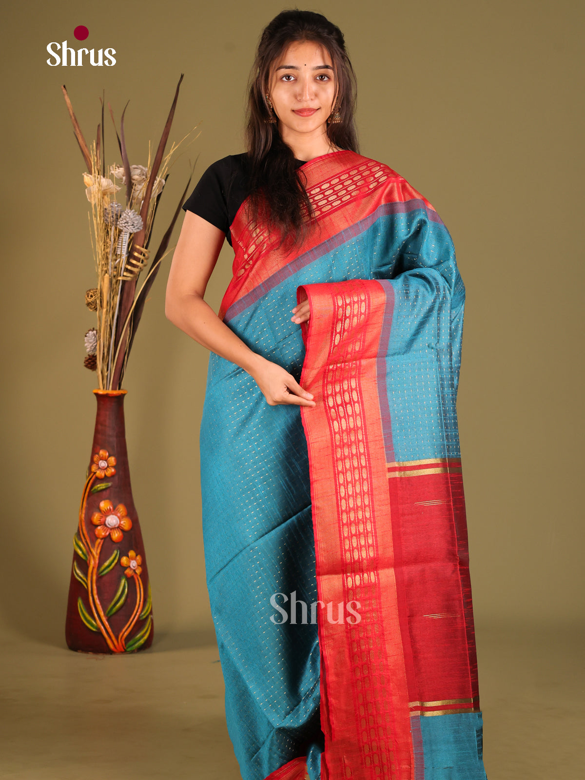 Blue & Red- Semi Rawsilk Saree