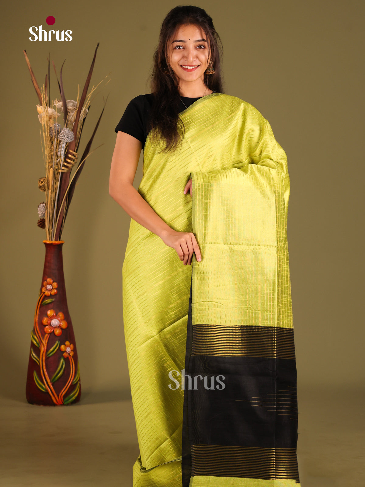 Light Green & Black - Semi Rawsilk Saree - Shop on Shrus.com