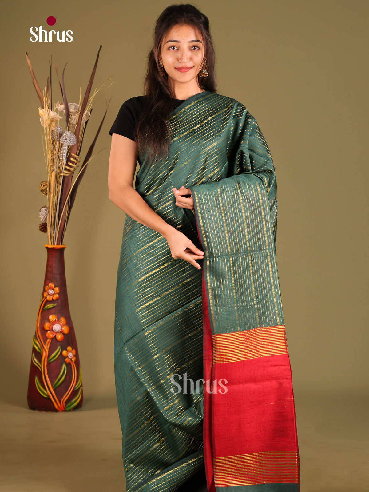 Green & Red- Semi Rawsilk Saree - Shop on Shrus.com