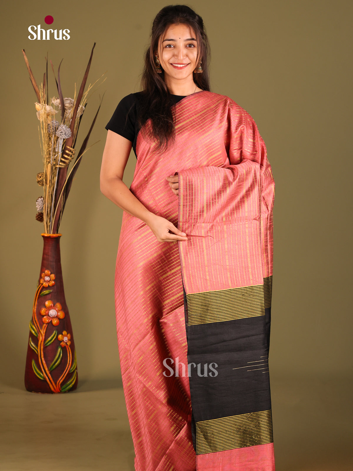 Pink & Black - Semi Rawsilk Saree - Shop on Shrus.com