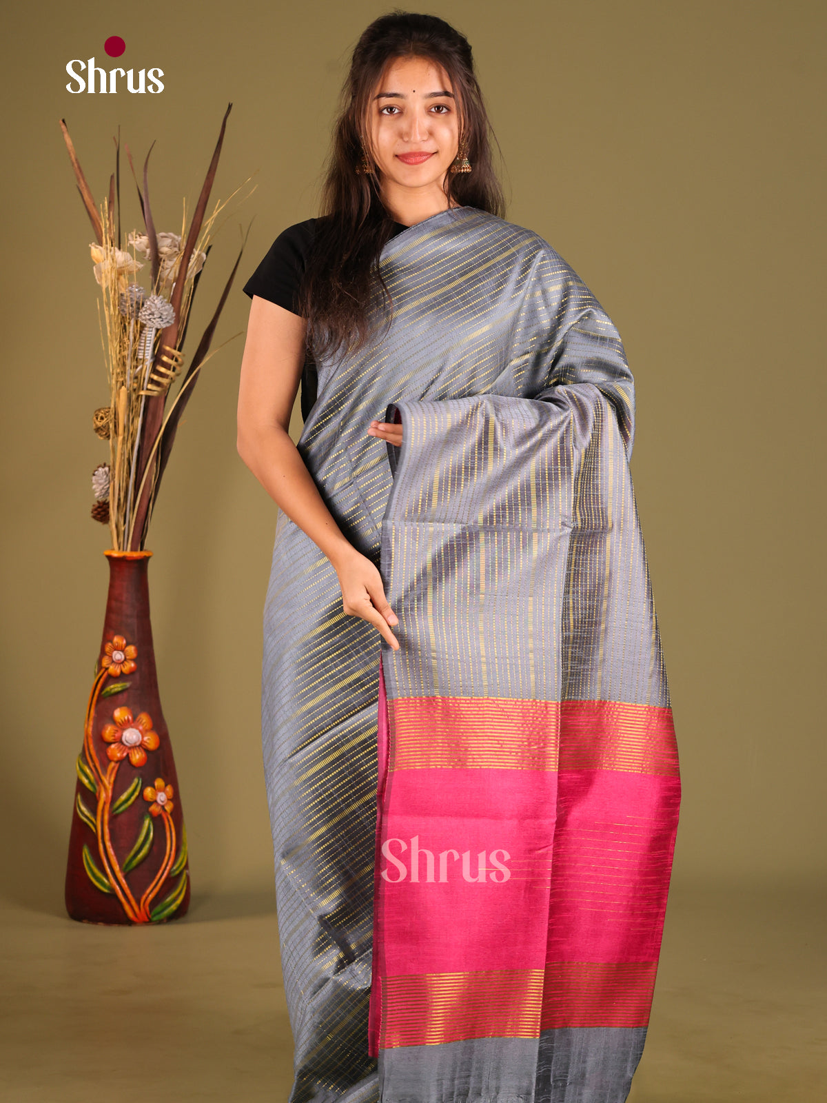 Grey & Pink - Semi Rawsilk Saree - Shop on Shrus.com
