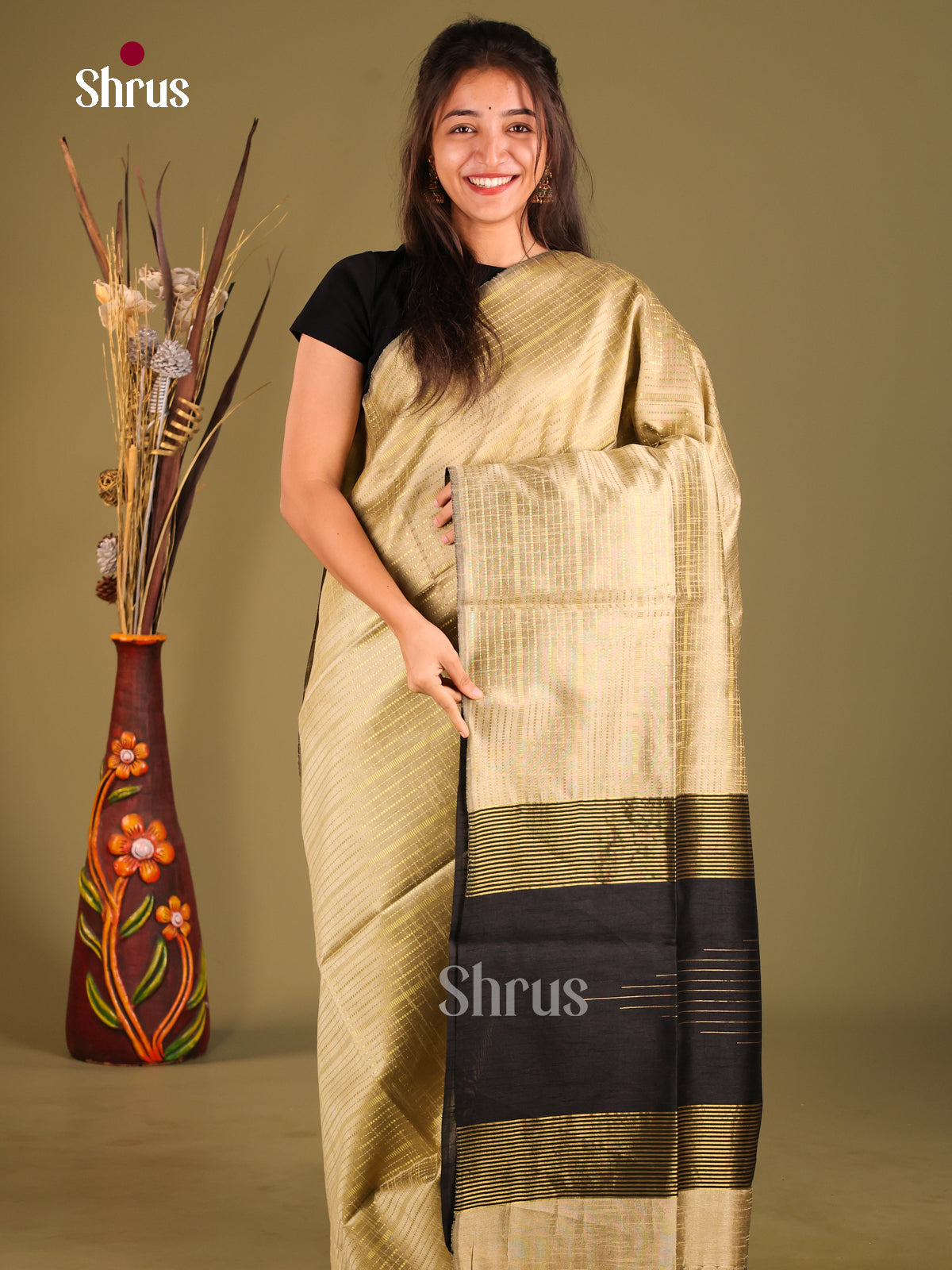 Grey & Black - Semi Rawsilk Saree - Shop on Shrus.com