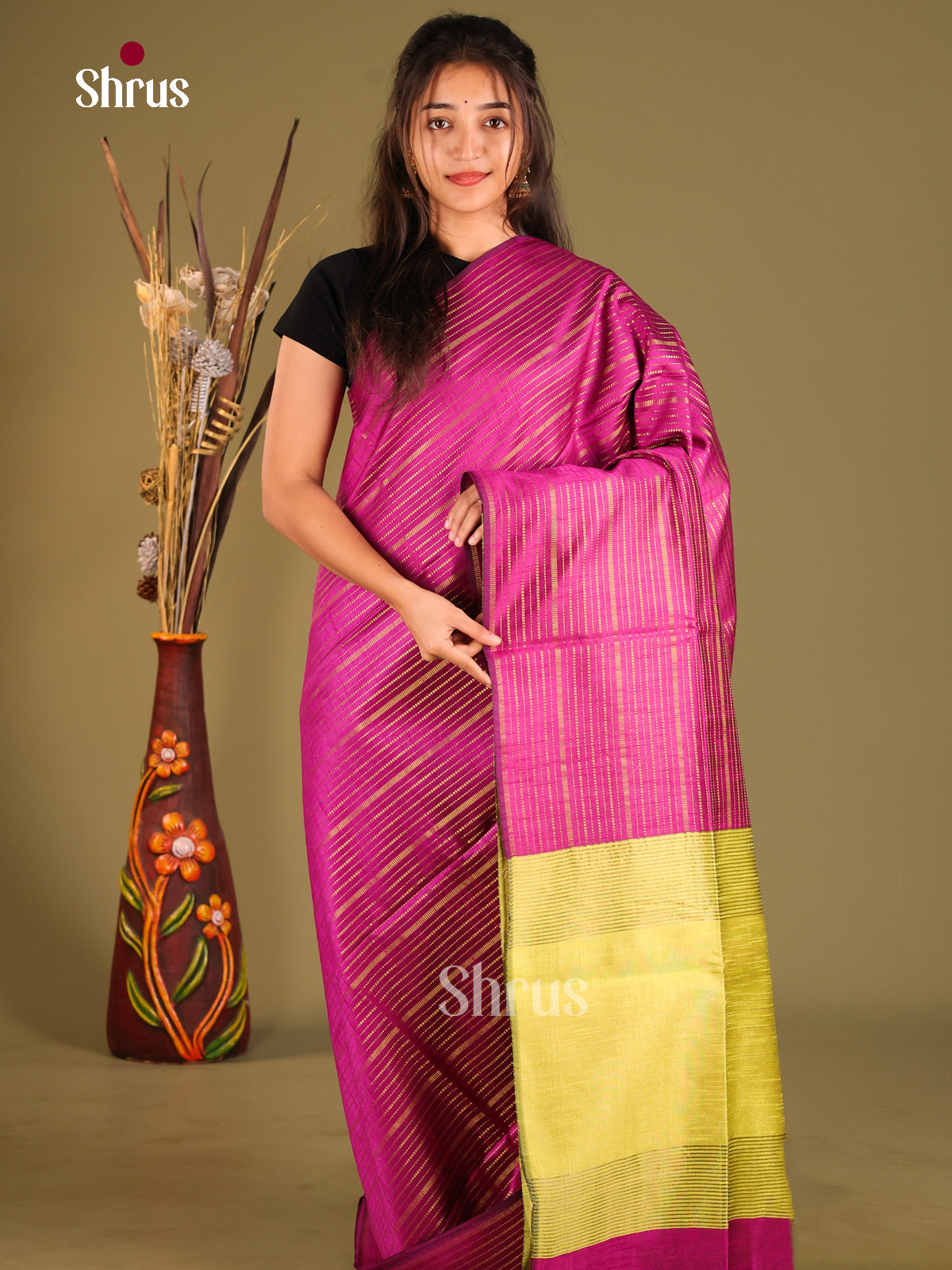 Purple & Green - Semi Rawsilk Saree - Shop on Shrus.com