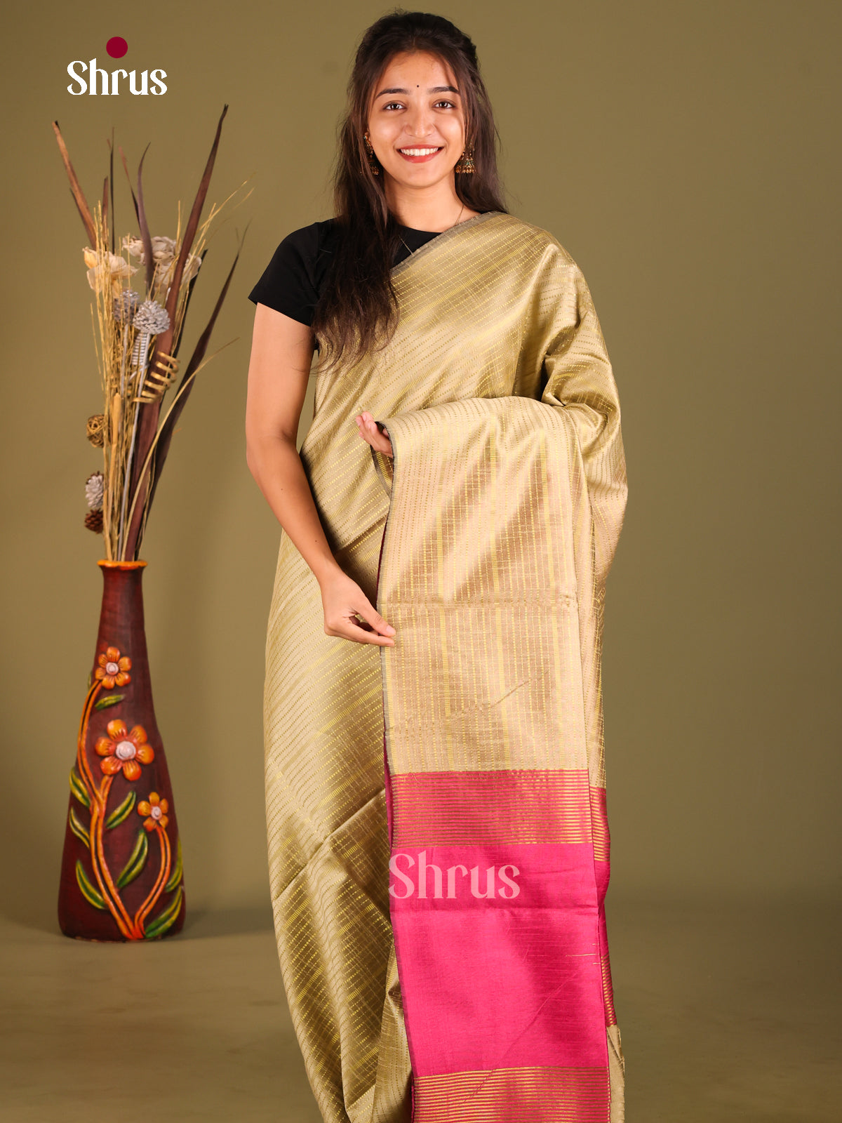 Beige & Pink- Semi Rawsilk Saree - Shop on Shrus.com