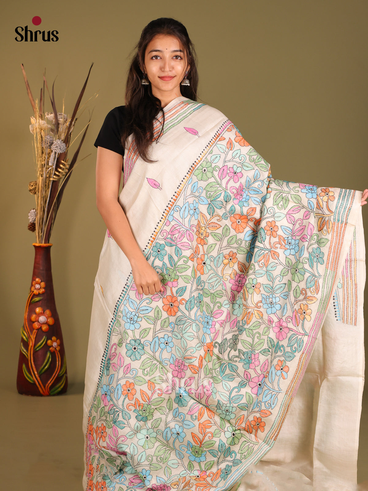 Artistic Floral Hand-Painted White Tussar Silk Saree