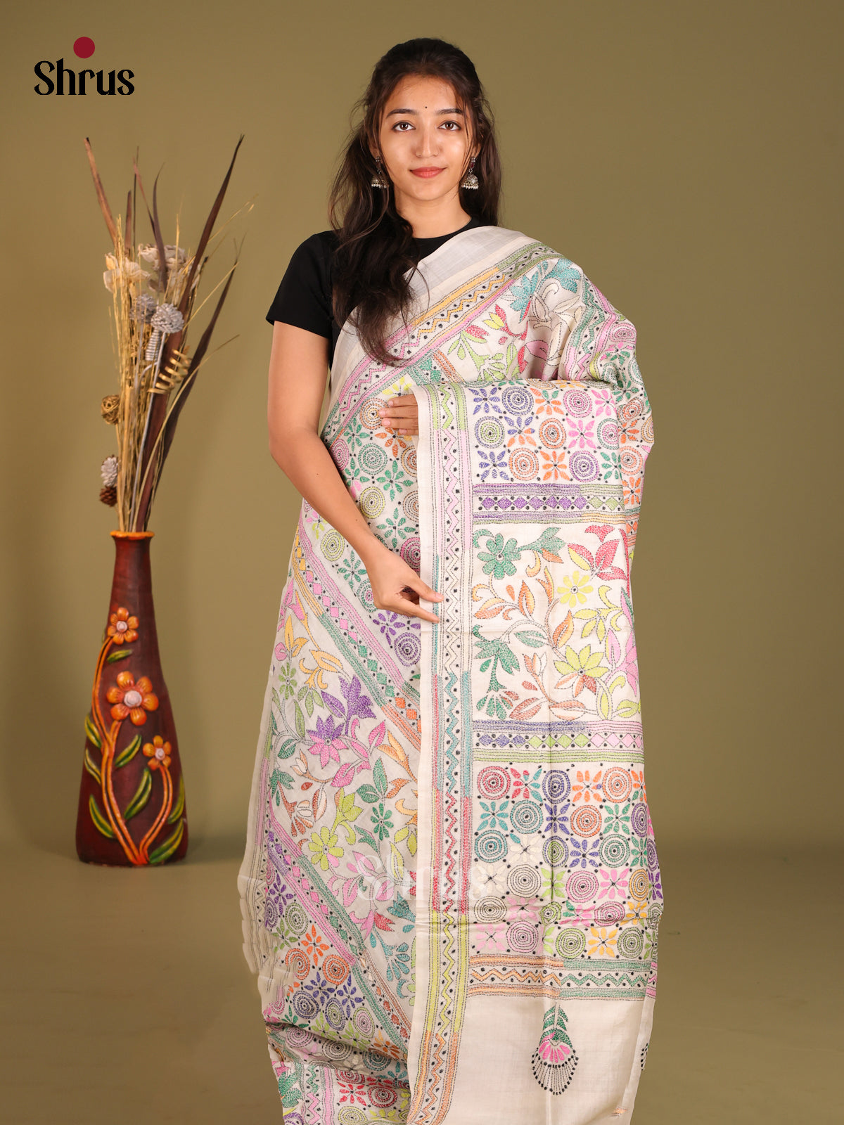 Cream(Single Tone) - Tussar Saree - Shop on Shrus.com